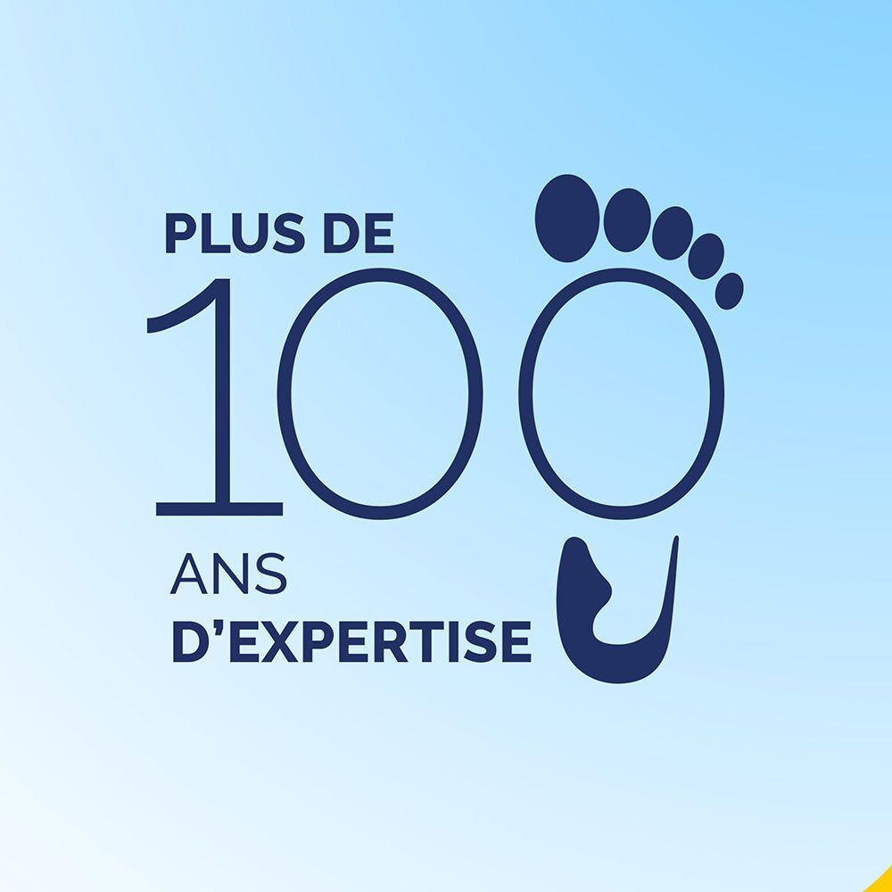 Logo bleu avec empreinte de pied et texte : PLUS DE 100 ANS D'EXPERTISE.