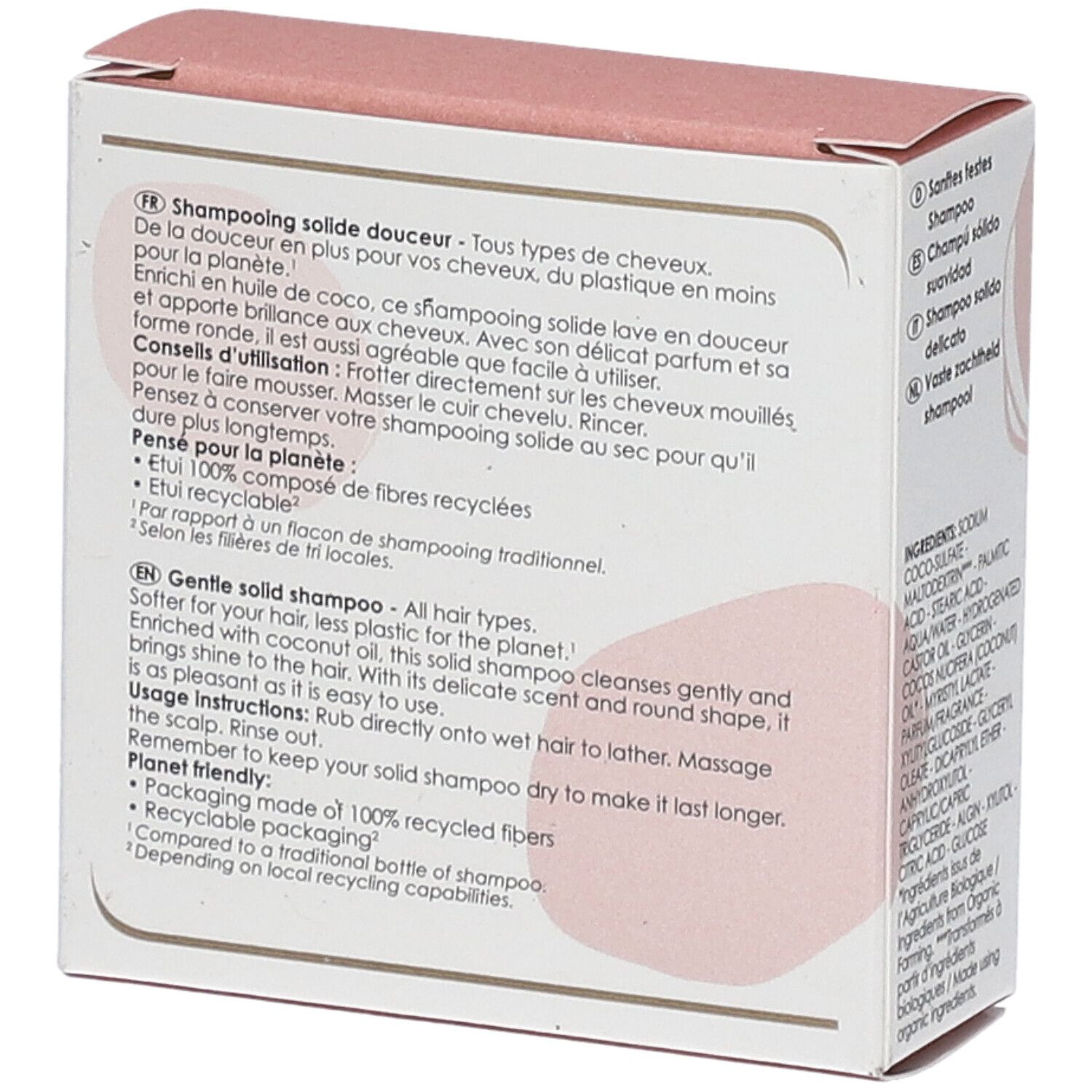 Achterkant shampoo verpakking. Tekst: "Shampooing solide douceur", "Tous types de cheveux". Ingrediënten en certificeringen.