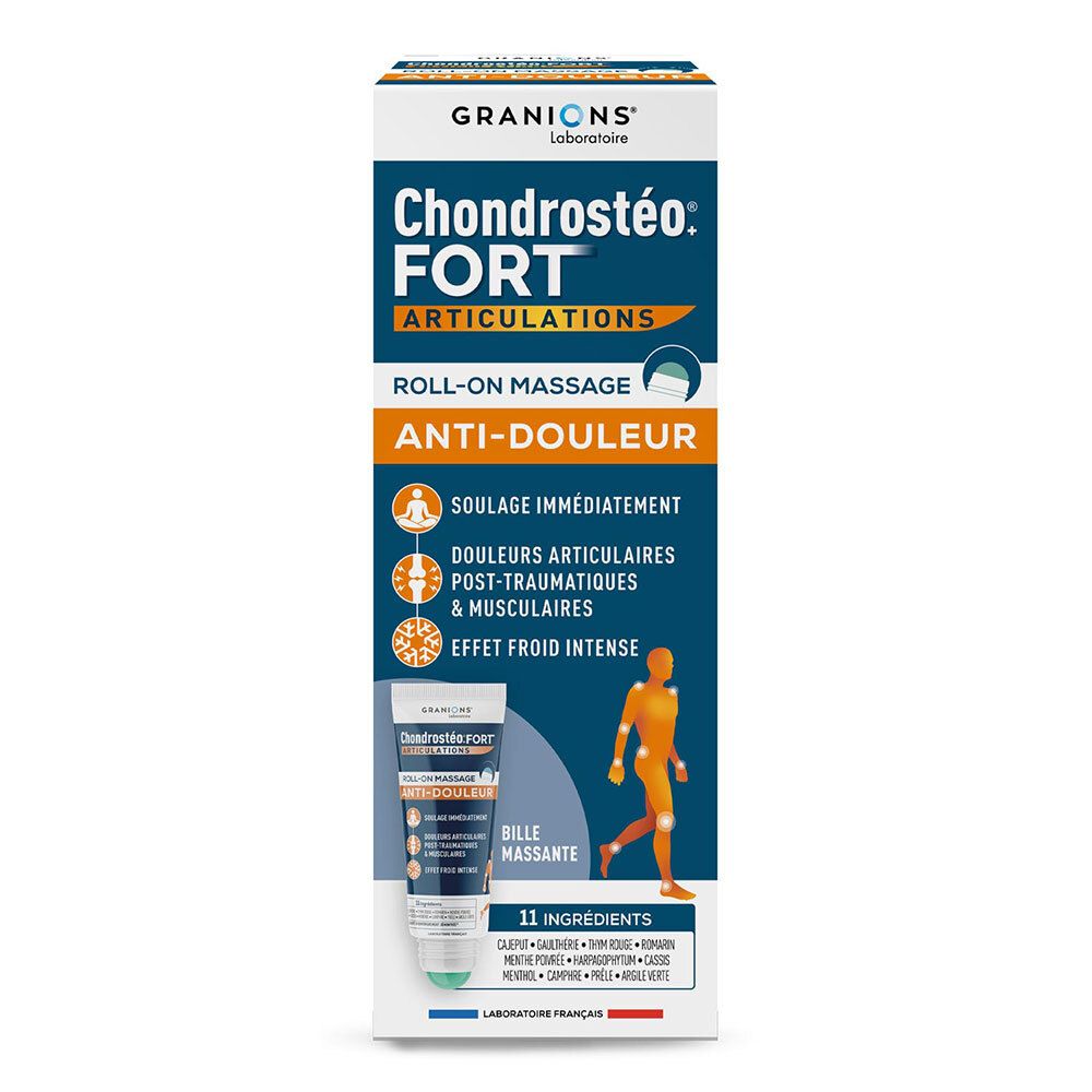 Verpakking met product. Opschrift: Chondrostéo Fort Articulations, Roll-on Massage Anti-Douleur. Met 11 ingrediënten.