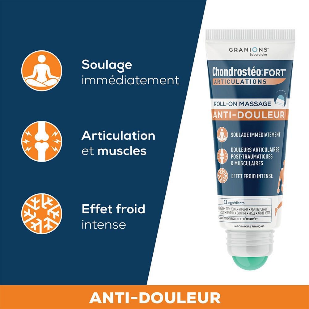 Tube met roll-on applicator. Opschrift: Chondrostéo Fort Articulations, Roll-on Massage Anti-Douleur. Groene kogel.