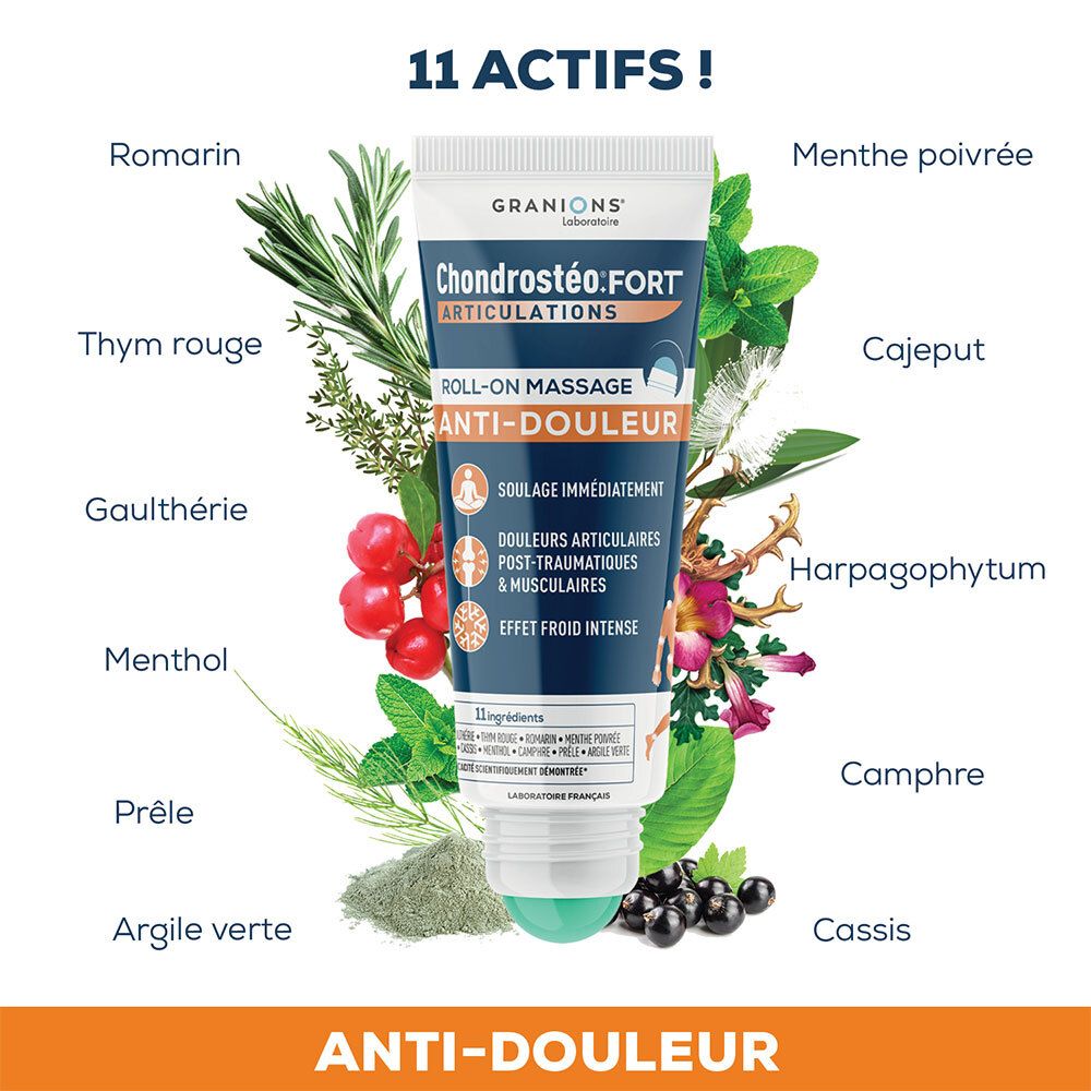 Tube met kruiden en ingrediënten. Opschrift: Chondrostéo Fort Articulations, Roll-on Massage Anti-Douleur. 11 Actifs!