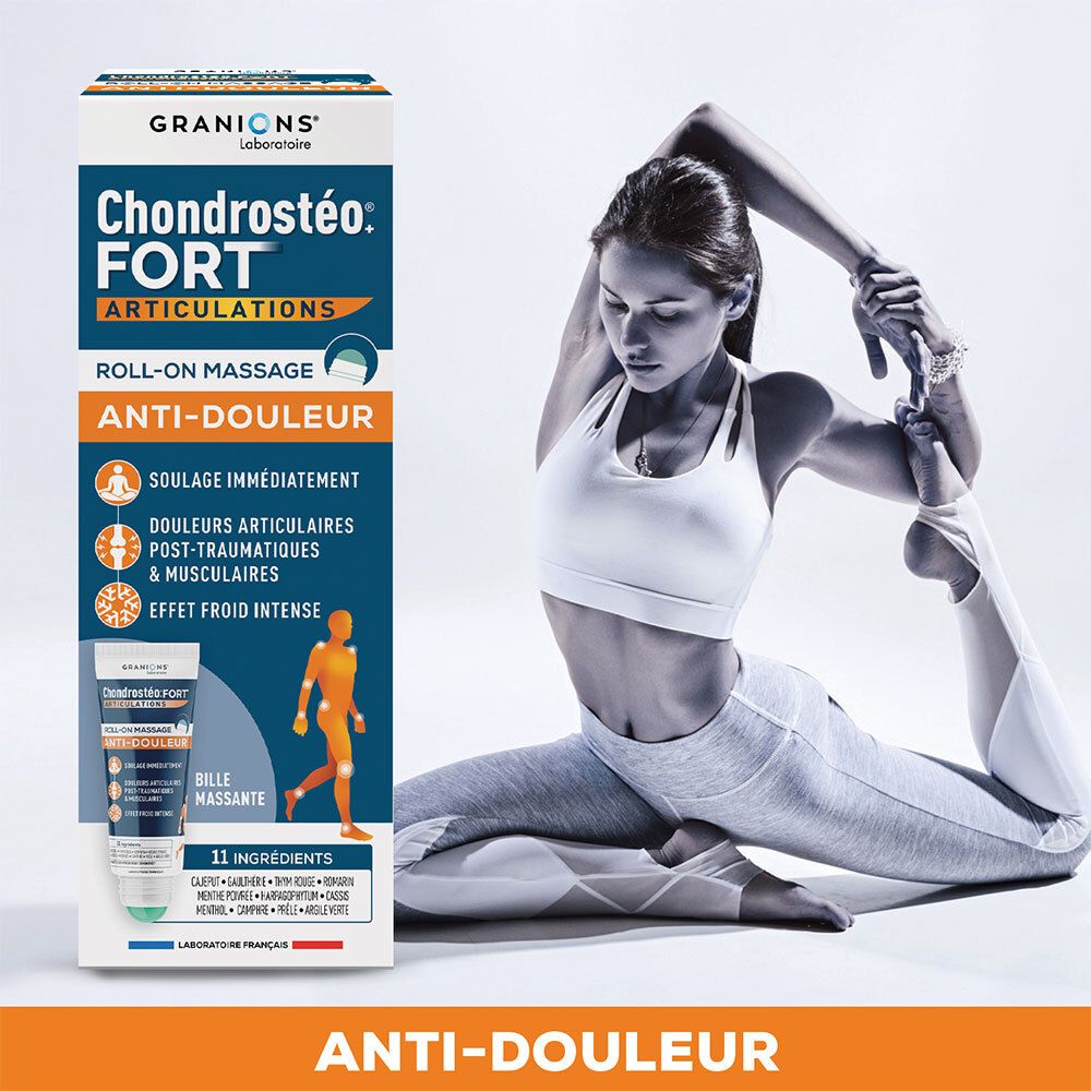 Tube naast een vrouw die yoga doet. Opschrift: Chondrostéo Fort Articulations, Roll-on Massage Anti-Douleur.