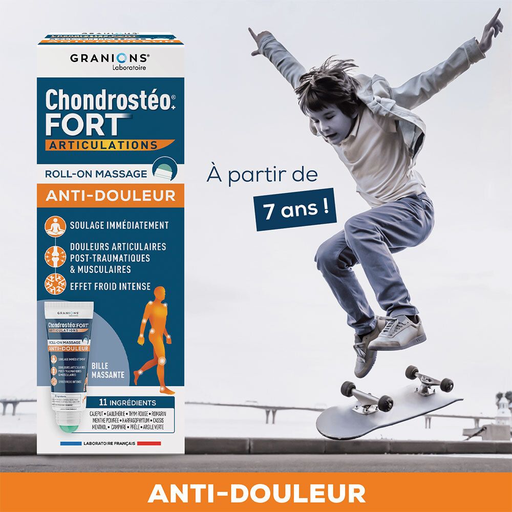 Tube naast een kind op een skateboard. Opschrift: Chondrostéo Fort Articulations, Roll-on Massage Anti-Douleur. Vanaf 7 jaar!
