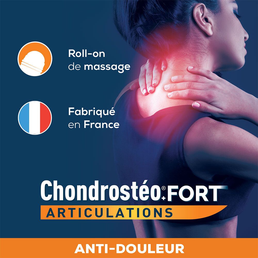 Tube en handen op de nek. Opschrift: Chondrostéo Fort Articulations, Roll-on Massage Anti-Douleur. Gemaakt in Frankrijk.