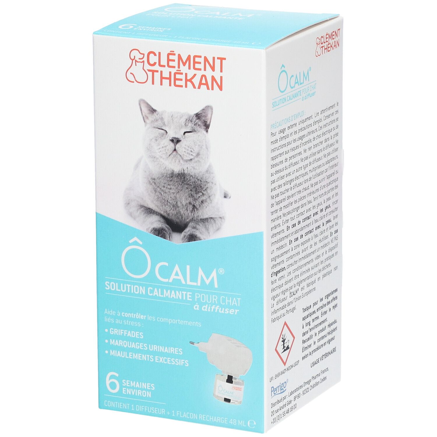 Verpakking O'Calm, Clement Thékan. Kalmerende oplossing voor katten. Bevat een diffuser en navulling. Afbeelding van een kat.
