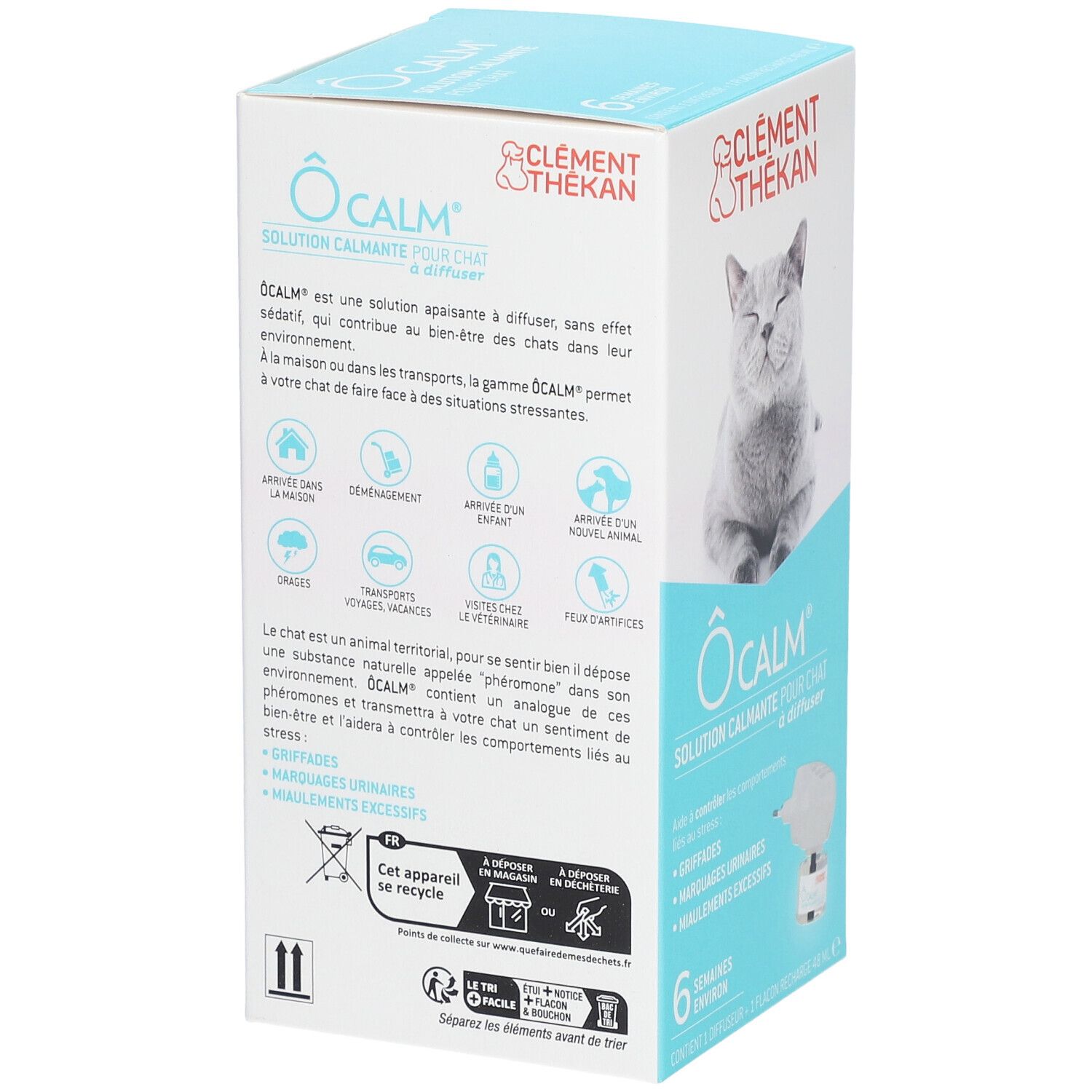 Achterkant van de O'Calm verpakking. Tekst over gebruik en voordelen. Illustraties van situaties. Merk: Clement Thékan.