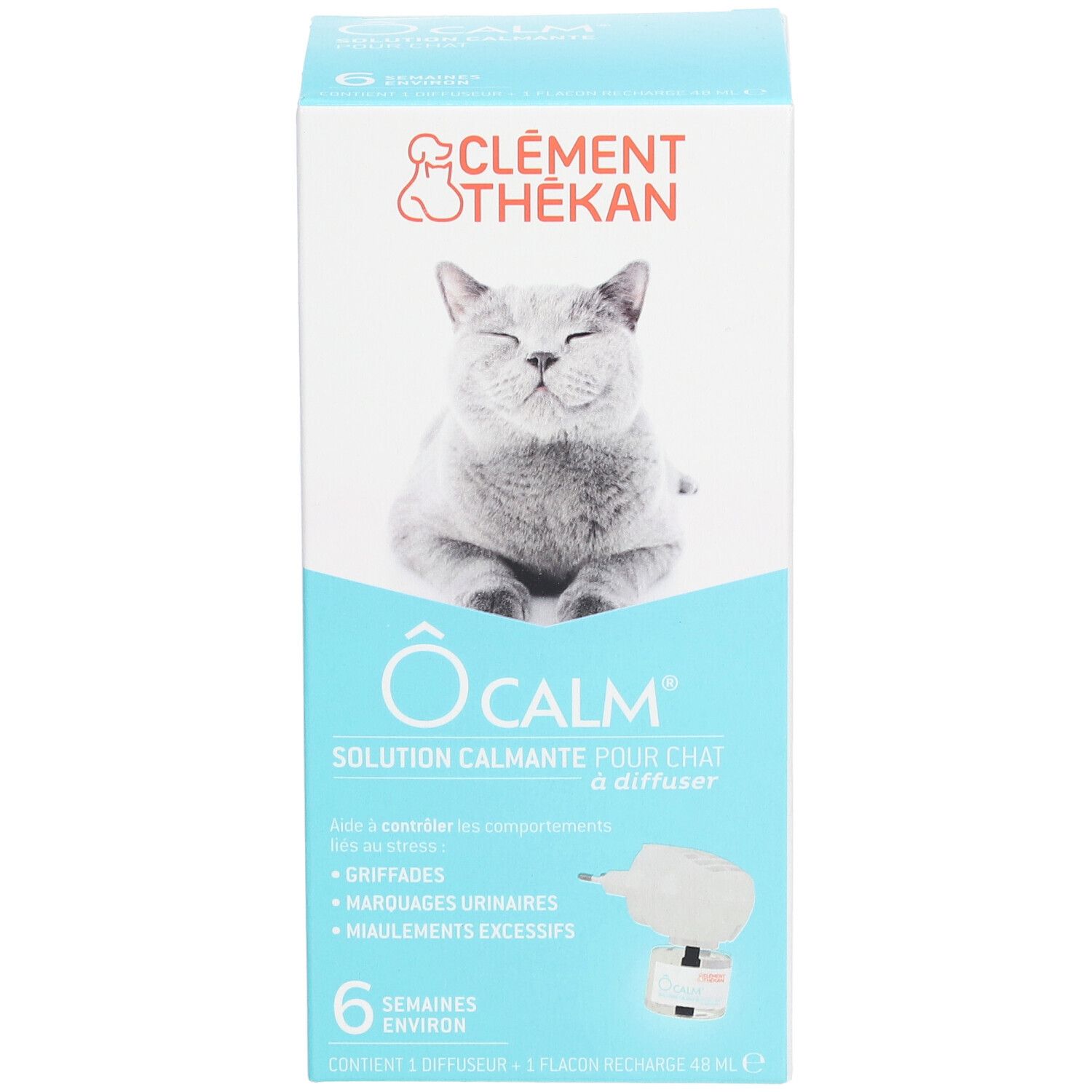 Verpakking O'Calm, Clement Thékan. Oplossing voor katten. Bevat diffuser en navulling. Afbeelding van een ontspannen kat.