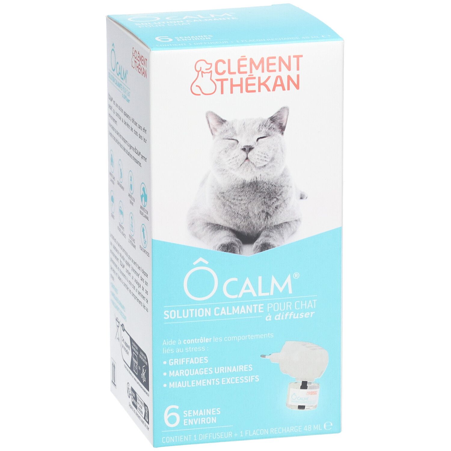 Verpakking O'Calm, Clement Thékan. Oplossing voor katten. Bevat diffuser en navulling. Afbeelding van een ontspannen kat.