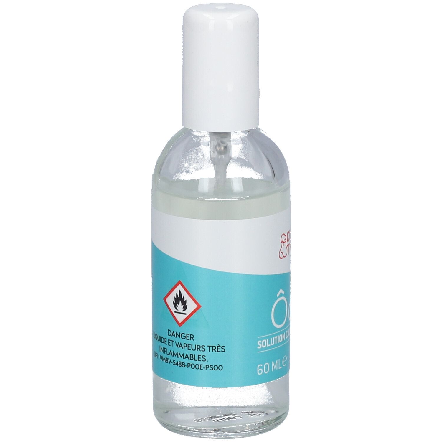 Transparante sprayfles met witte dop. Etiket met waarschuwingssymbolen en informatie. 60 ml.