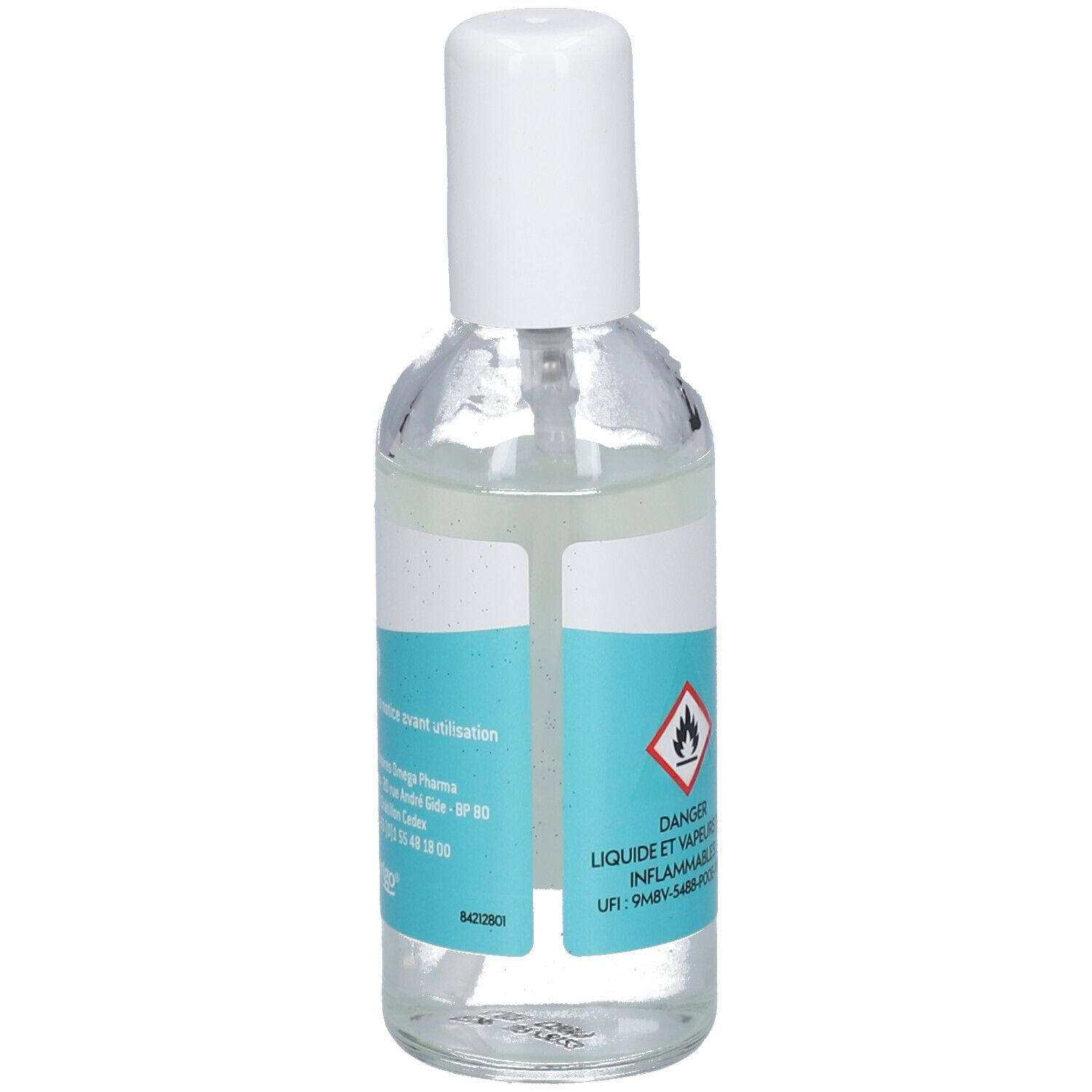 Transparante sprayfles met witte dop. Etiket met productinformatie en waarschuwingssymbool. 60 ml.