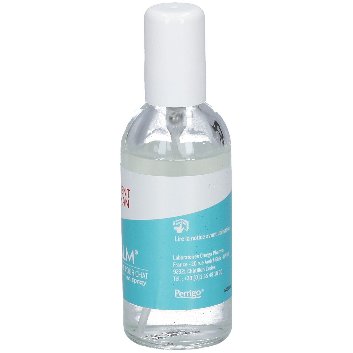 Transparante sprayfles met witte dop. Etiket met productinformatie en bedrijfslogo. 60 ml.