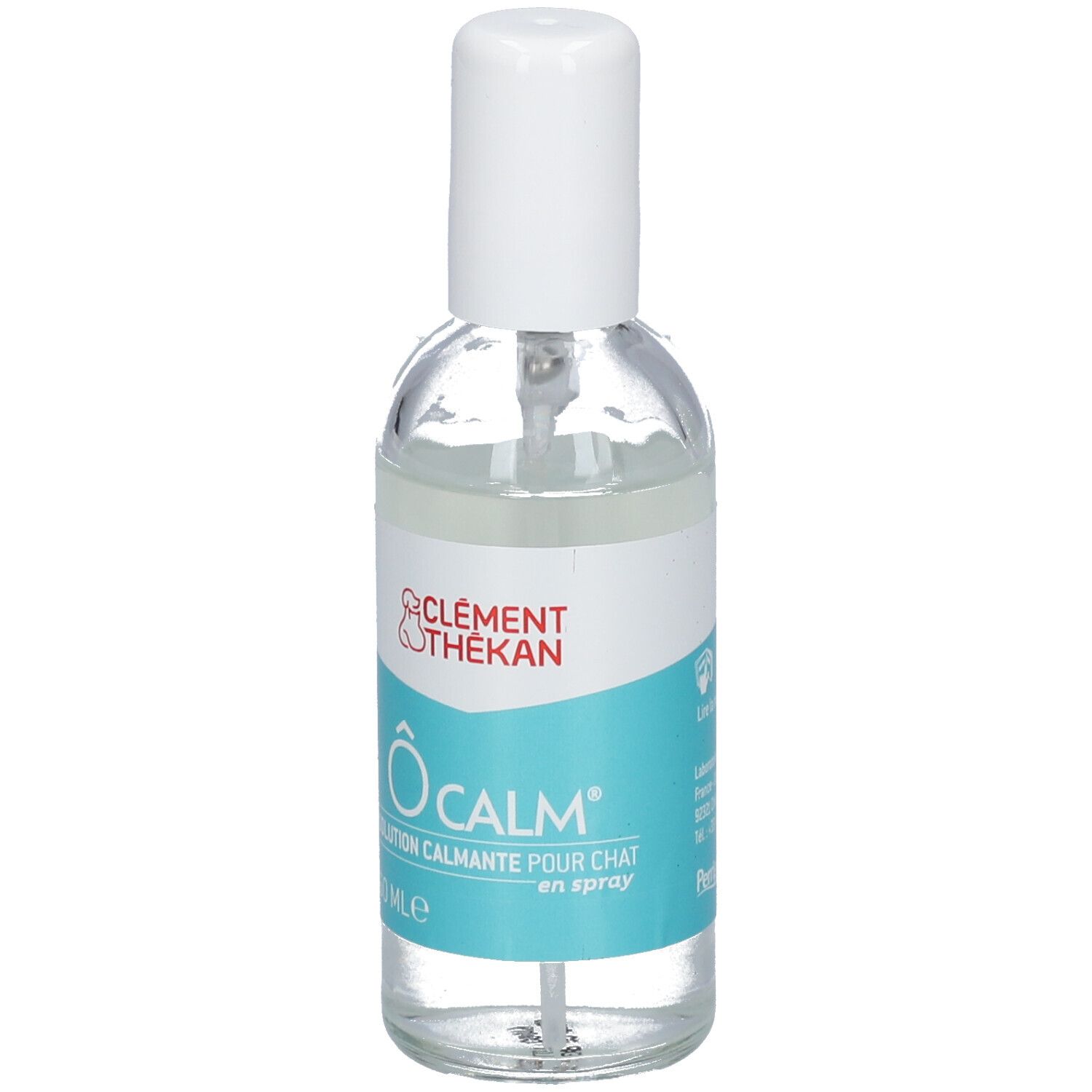 Transparante sprayfles met witte dop. Etiket met productnaam en logo. 60 ml.