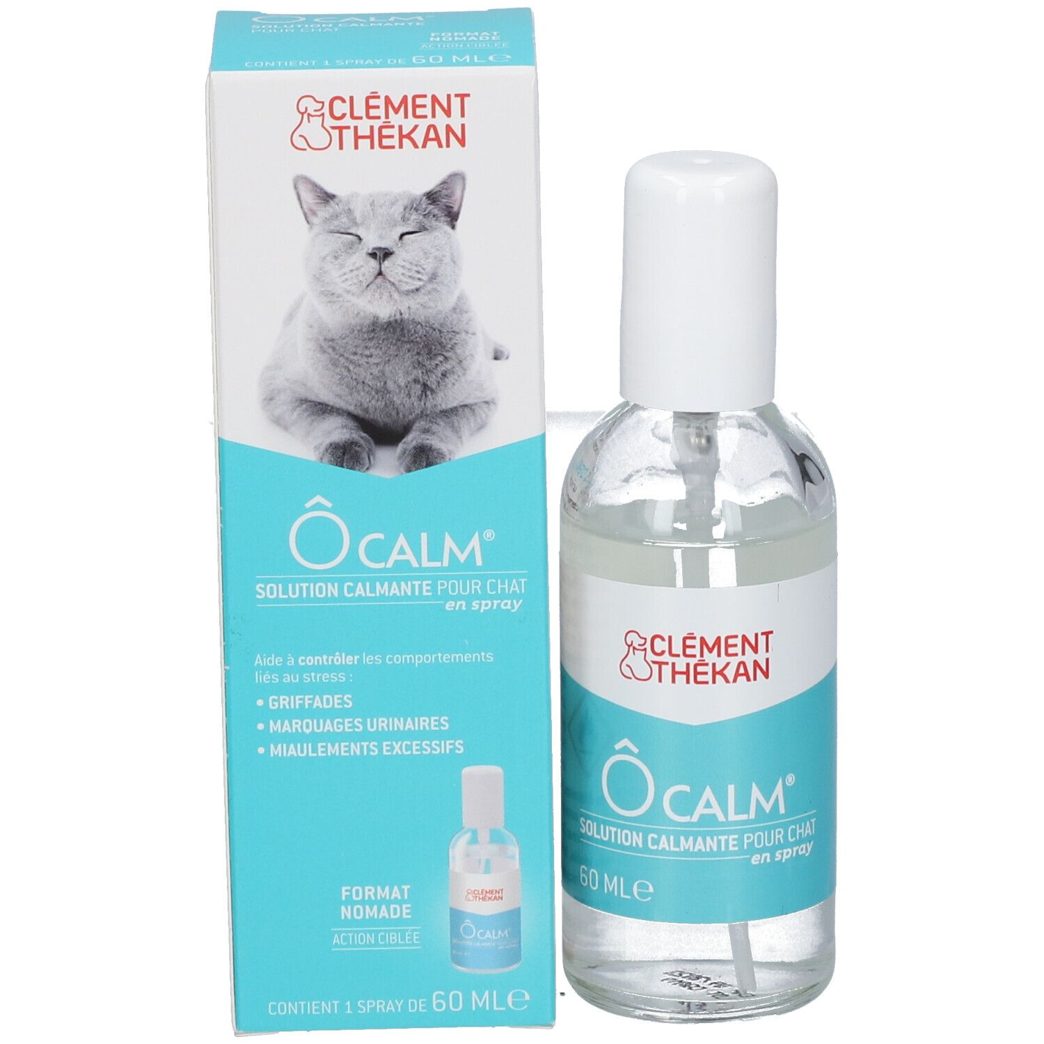 Product en verpakking. Sprayfles en doos met productnaam, logo en kat. 60 ml.