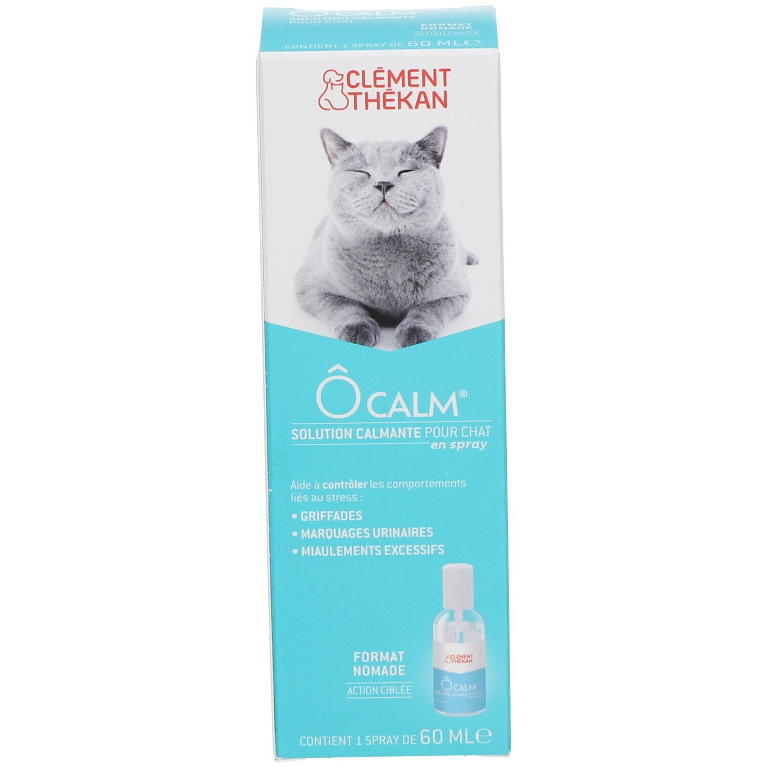Product en verpakking. Doos met productnaam, logo en kat. Sprayfles zichtbaar. 60 ml.