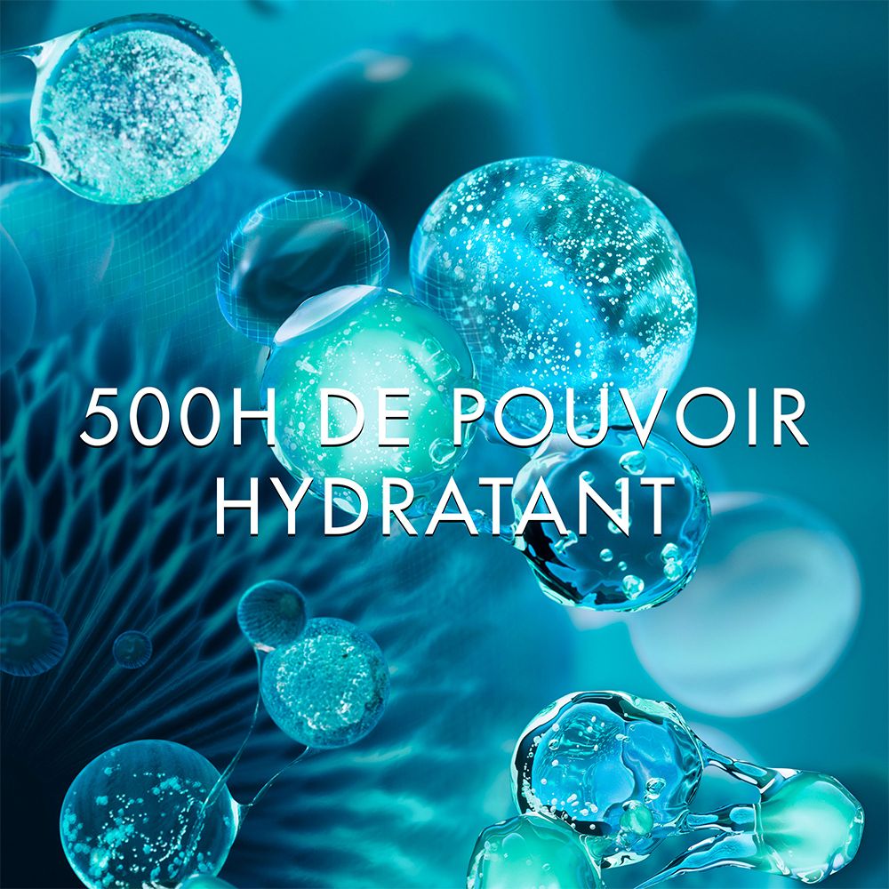 Abstracte weergave van waterdruppels en bubbels. Tekst in het Frans: '500H DE POUVOIR HYDRATANT'.