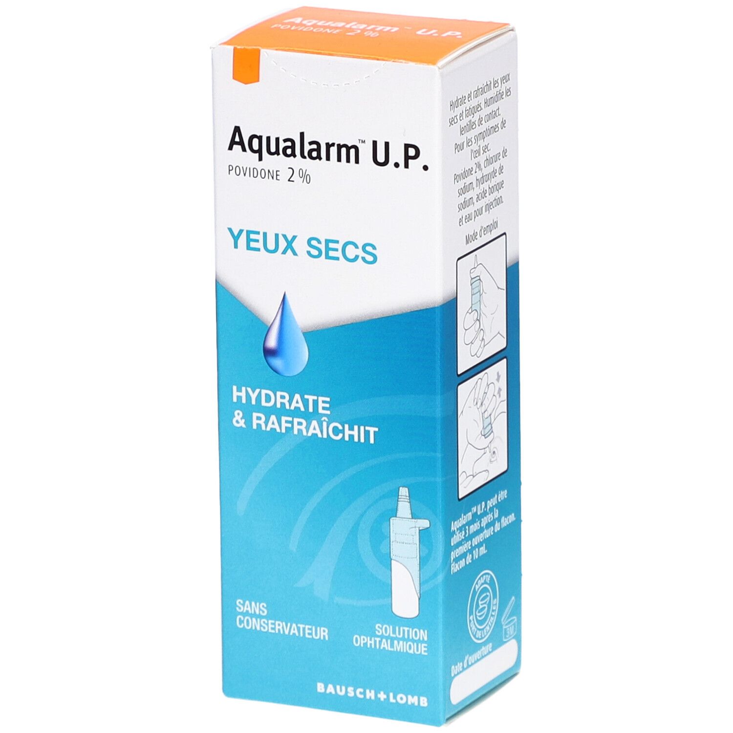 Boîte de solution oculaire Aqualarm U.P. avec nom, ingrédients et illustrations d'utilisation. Fond blanc, détails bleus et orange.