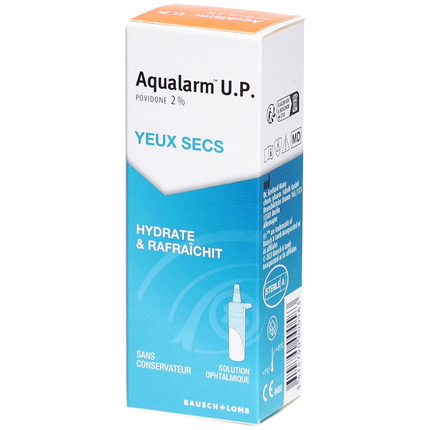 Boîte de solution oculaire Aqualarm U.P. avec nom, ingrédients et illustrations d'utilisation. Fond blanc, détails bleus et orange.