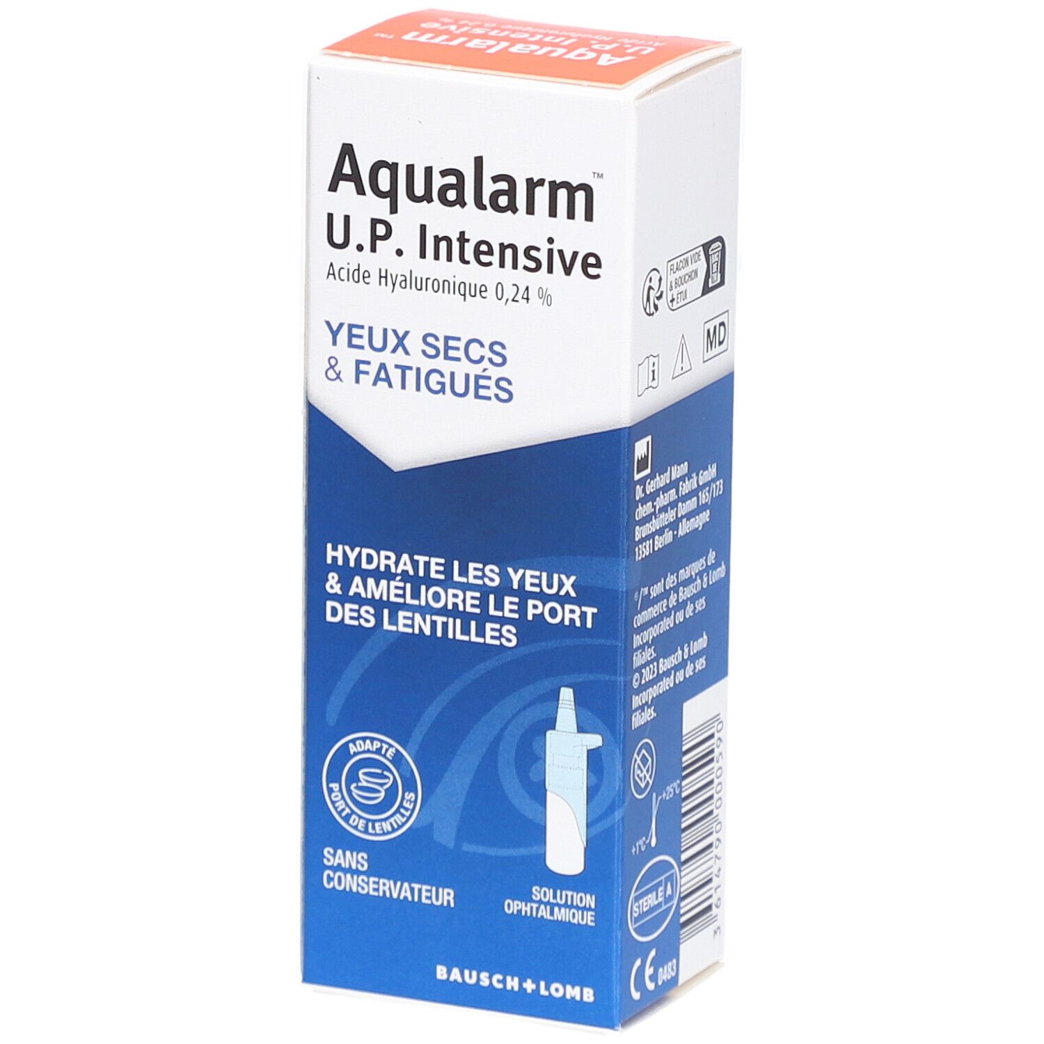 Witte en blauwe vouwdoos met productinformatie. Opschrift: Aqualarm U.P. Intensive, droge & vermoeide ogen. Merk Bausch + Lomb.
