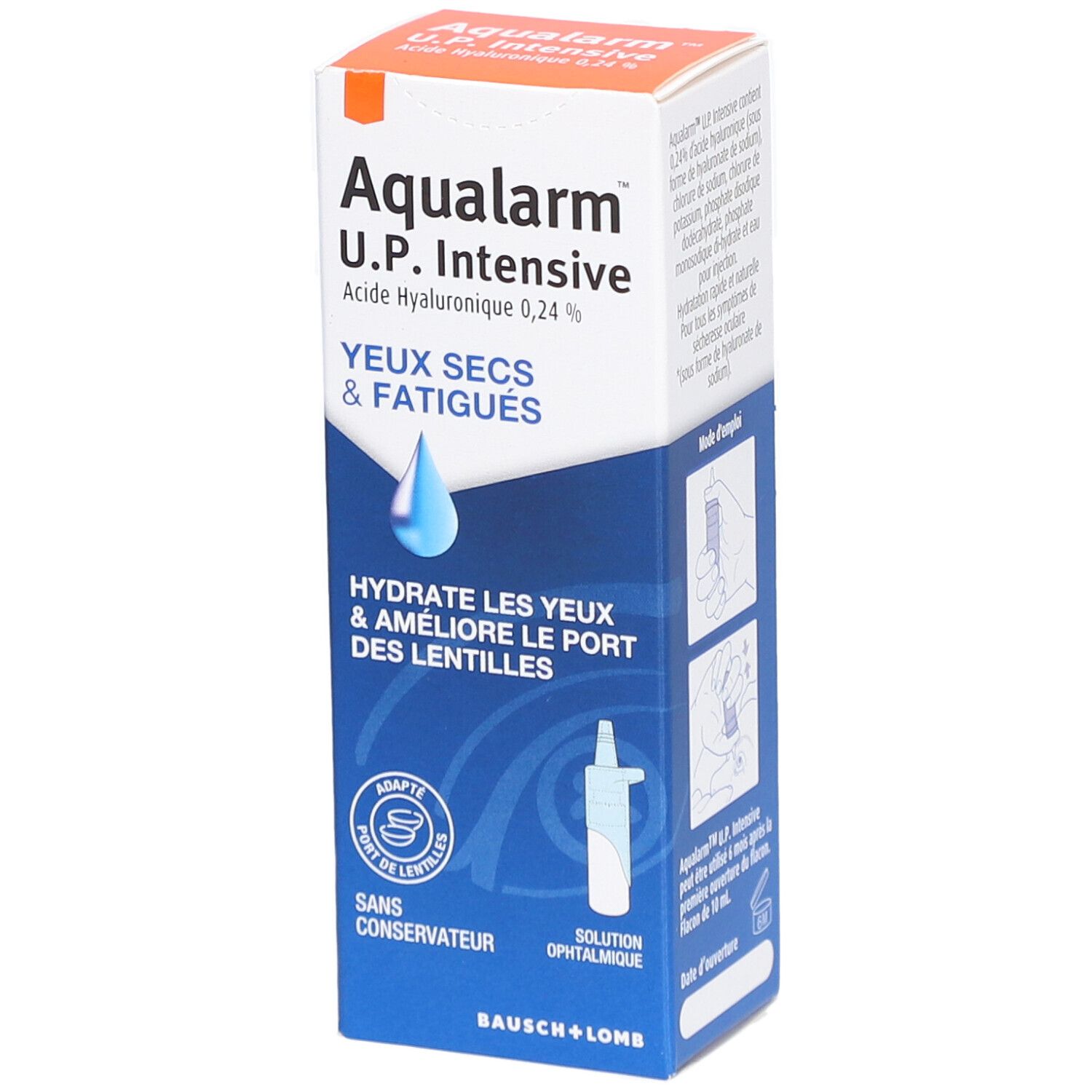 Vouwdoos met productinformatie. Opschrift: Aqualarm U.P. Intensive, droge & vermoeide ogen. Druppelillustratie. Merk Bausch + Lomb.