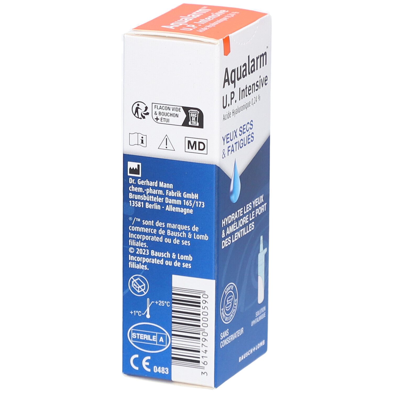 Achterkant van de vouwdoos met productinformatie, fabrikantenadres en certificeringen. Merk Bausch + Lomb.