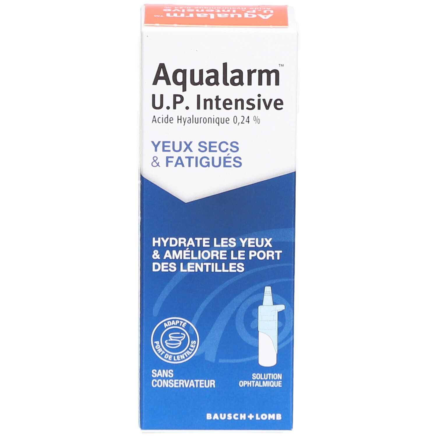 Witte en blauwe vouwdoos met productinformatie. Opschrift: Aqualarm U.P. Intensive, droge & vermoeide ogen. Merk Bausch + Lomb.