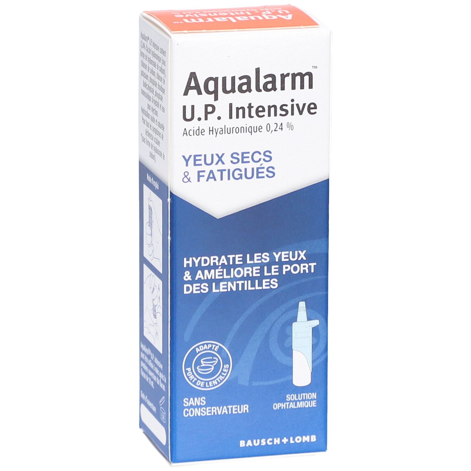 Witte en blauwe vouwdoos met productinformatie. Opschrift: Aqualarm U.P. Intensive, droge & vermoeide ogen. Merk Bausch + Lomb.