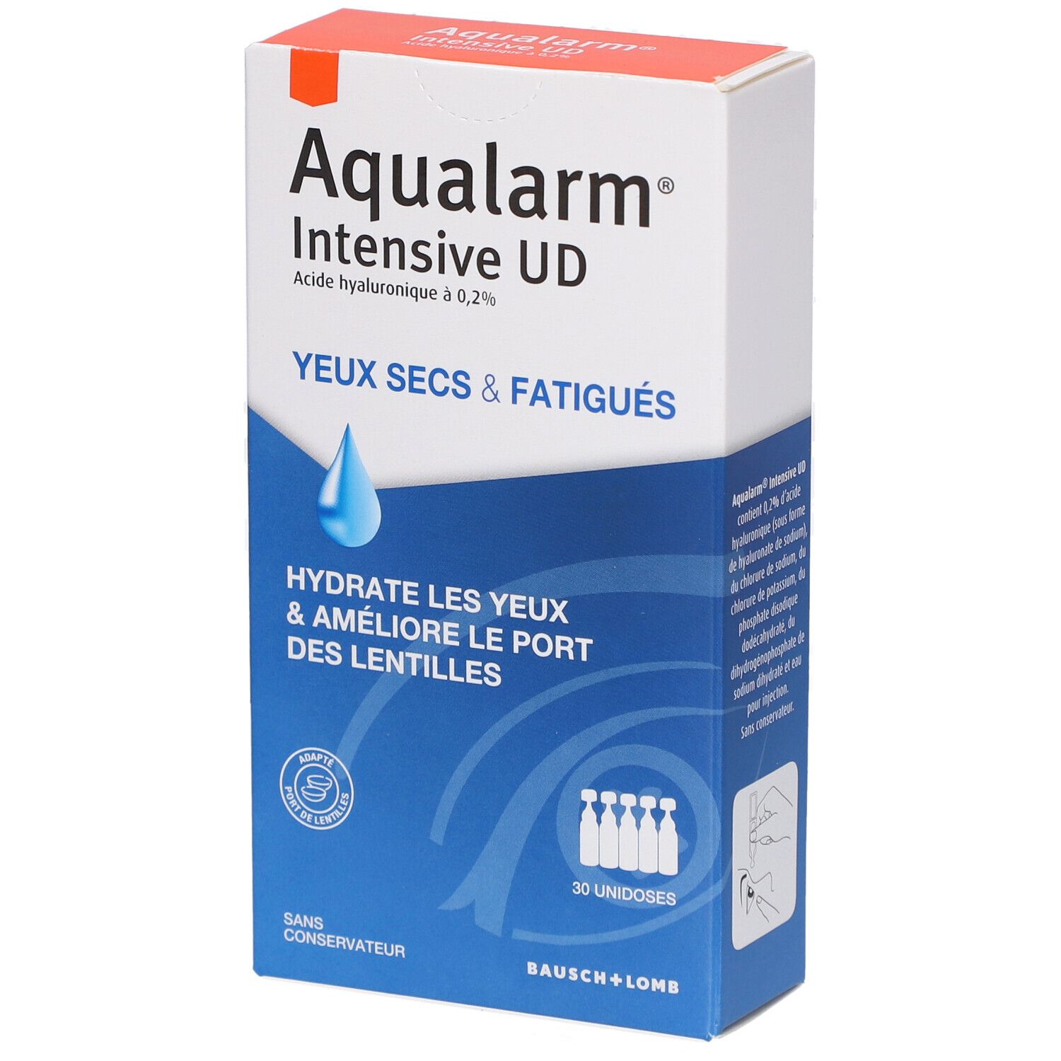 Boîte Aqualarm Intensive UD. Contient 30 unidoses. Inscription : Yeux secs & fatigués.