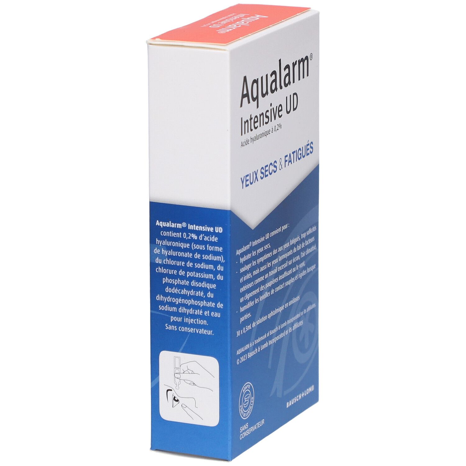Boîte Aqualarm Intensive UD. Contient 30 unidoses. Inscription : Yeux secs & fatigués. Ingrédients listés.