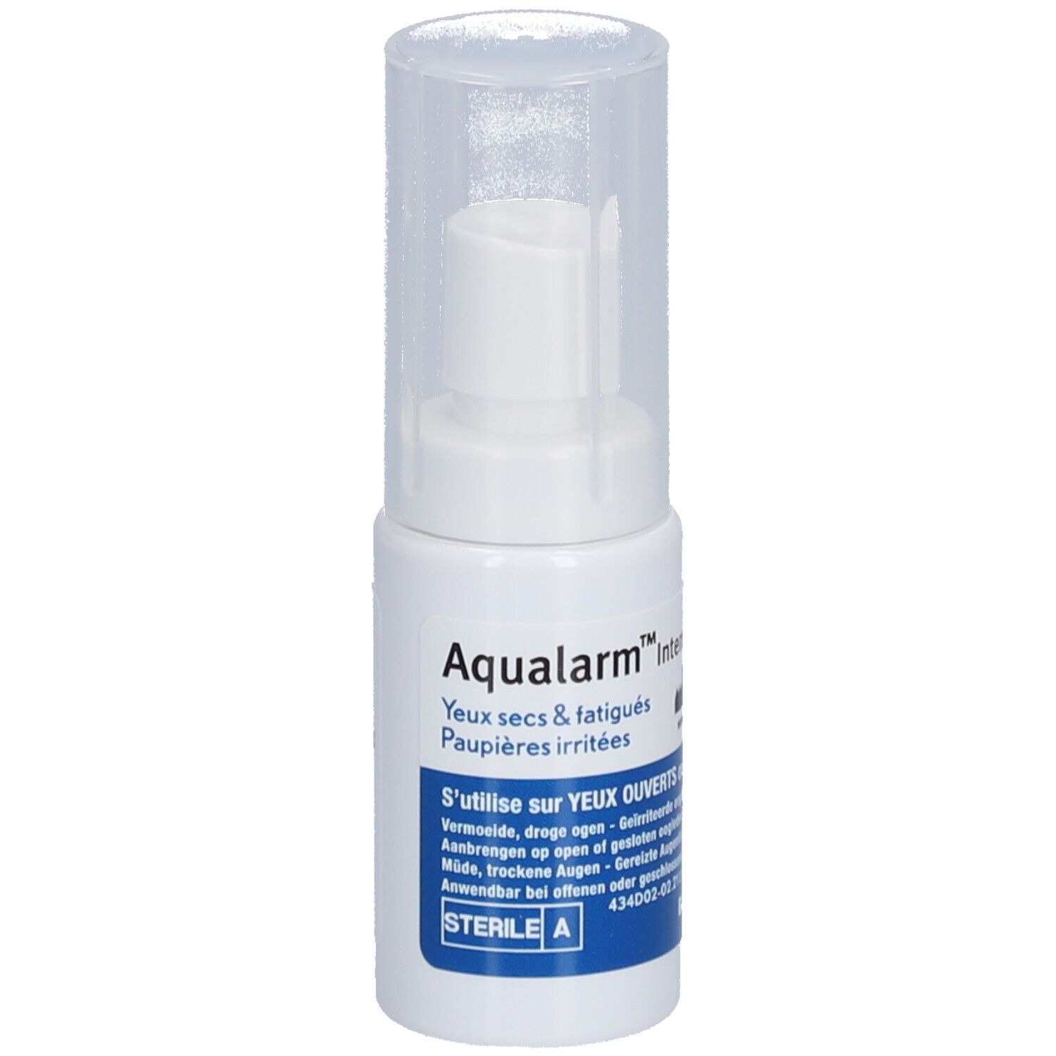 Witte sprayfles met transparante dop. Opschrift: Aqualarm Intensive, droge ogen, geïrriteerde oogleden, sterile A.