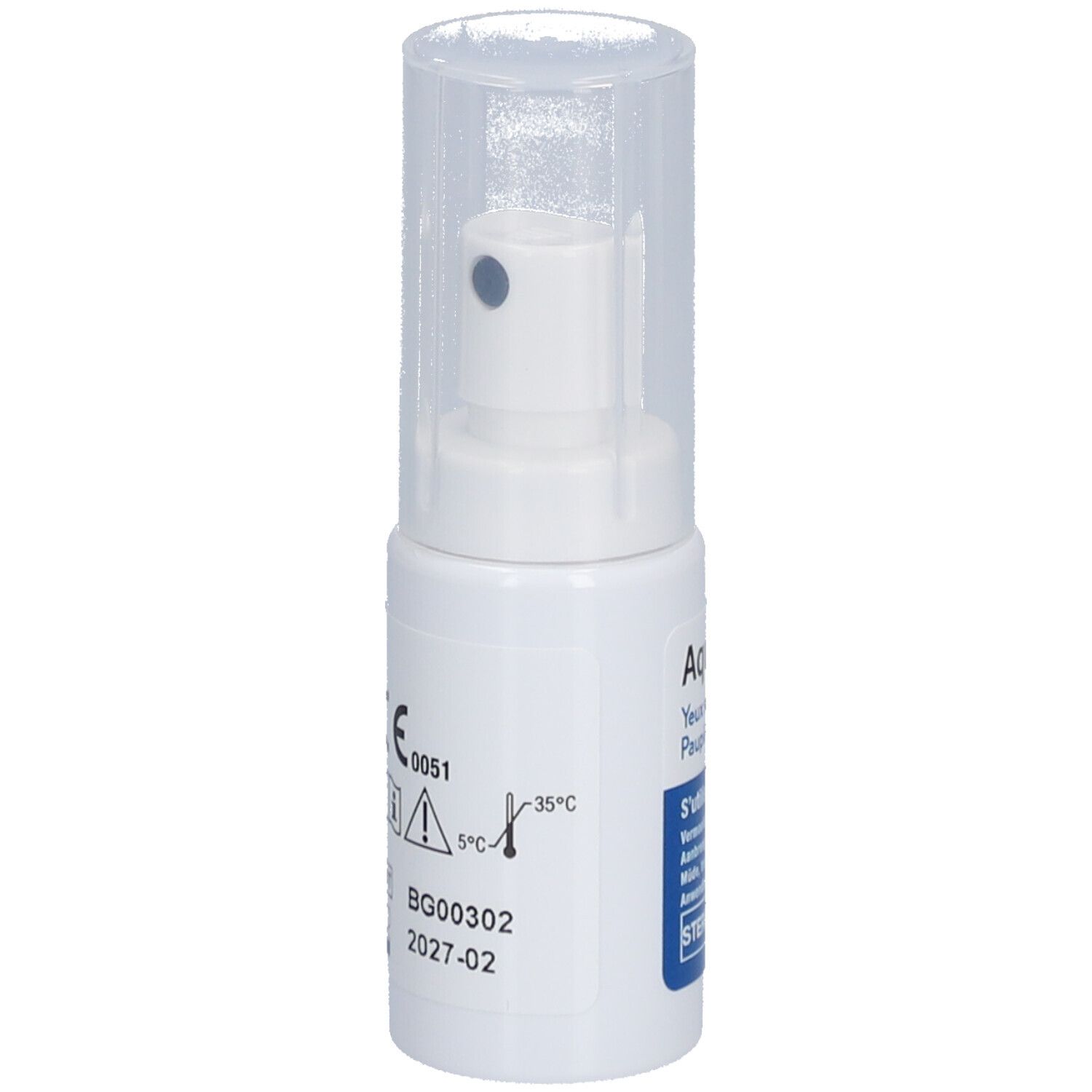 Witte sprayfles met transparante dop. Opschriften: CE-markering, temperatuurindicaties, BG00302, 2027-02.