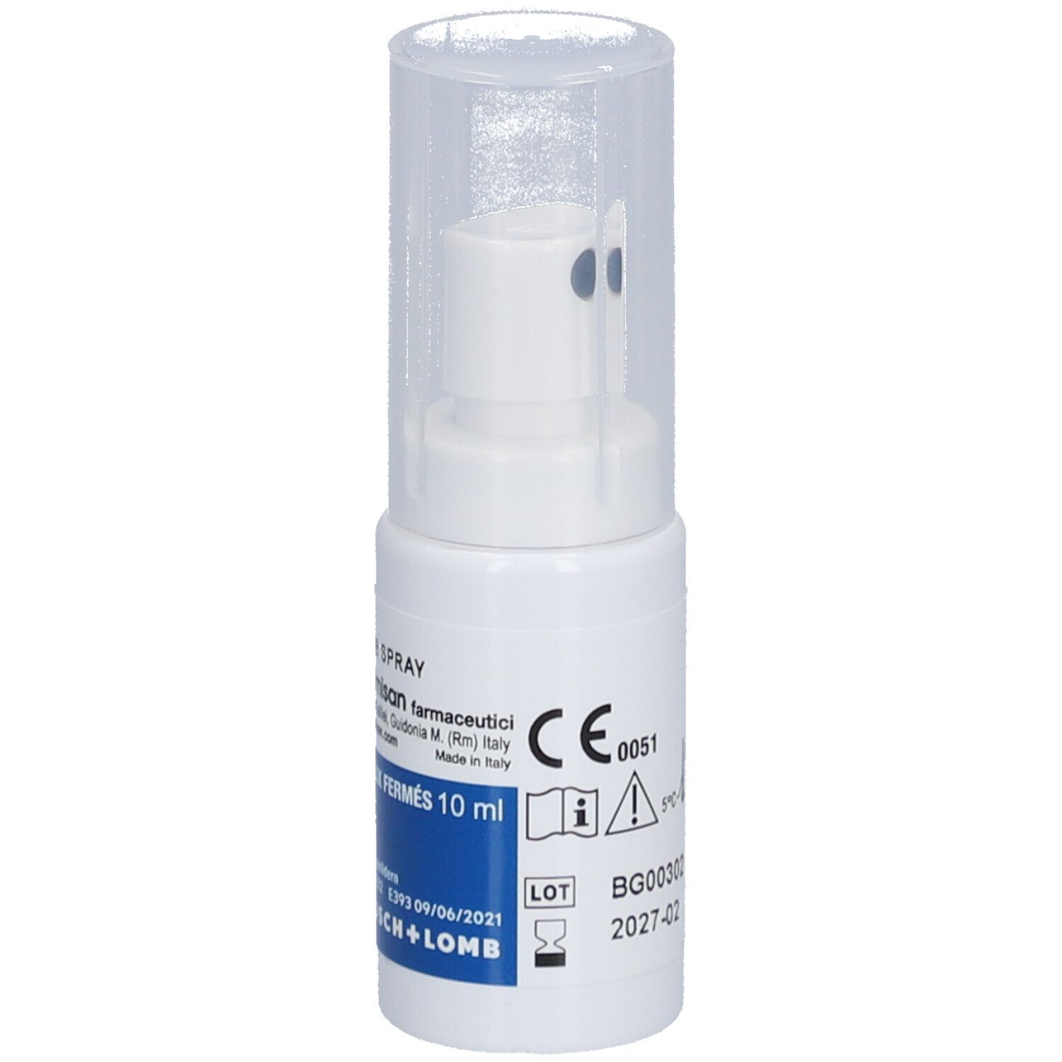 Witte sprayfles met transparante dop. Opschriften: Omisan farmaceutici, 10 ml, Made in Italy, CE-markering.