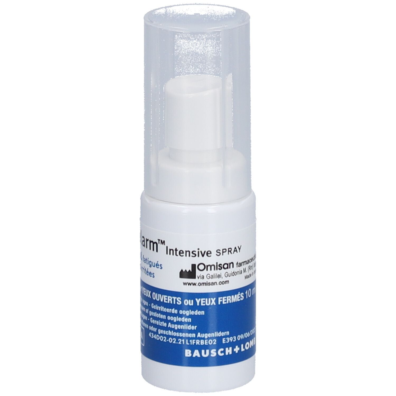 Witte sprayfles met transparante dop. Opschriften: Aqualarm Intensive Spray, Omisan farmaceutici, www.omisan.com.