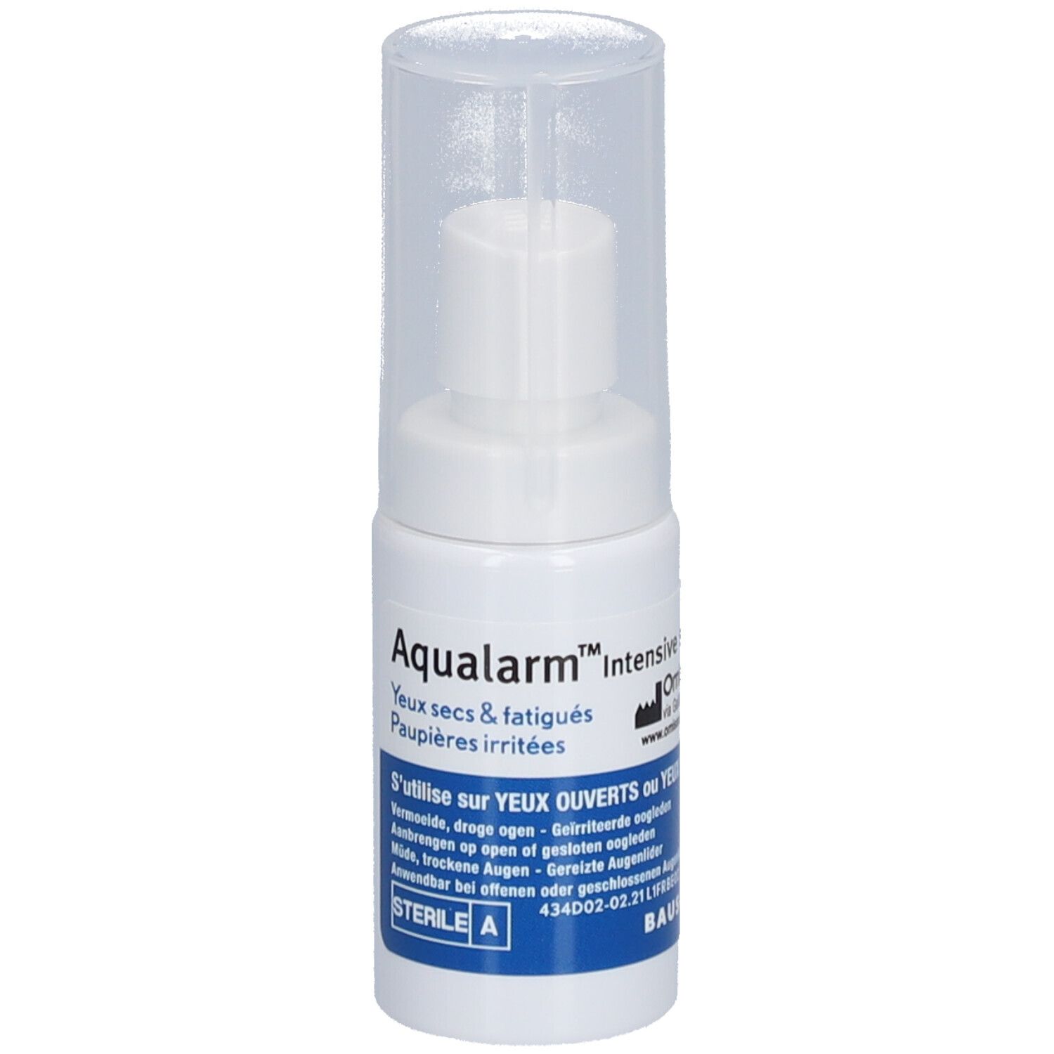 Witte sprayfles met transparante dop. Opschriften: Aqualarm Intensive, droge ogen, geïrriteerde oogleden, sterile A.