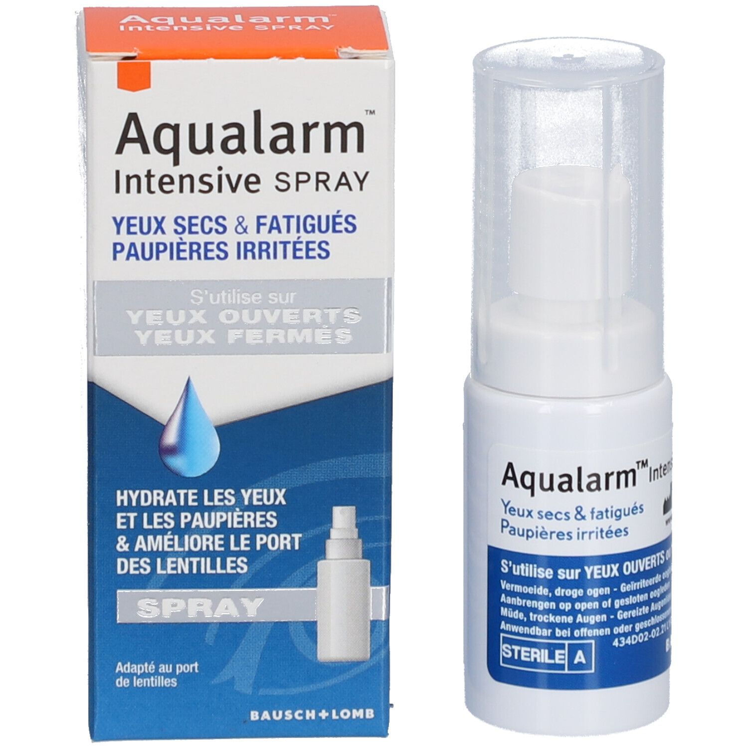 Productverpakking en sprayfles. Verpakking: Aqualarm Intensive Spray, droge ogen. Fles: wit, transparant.