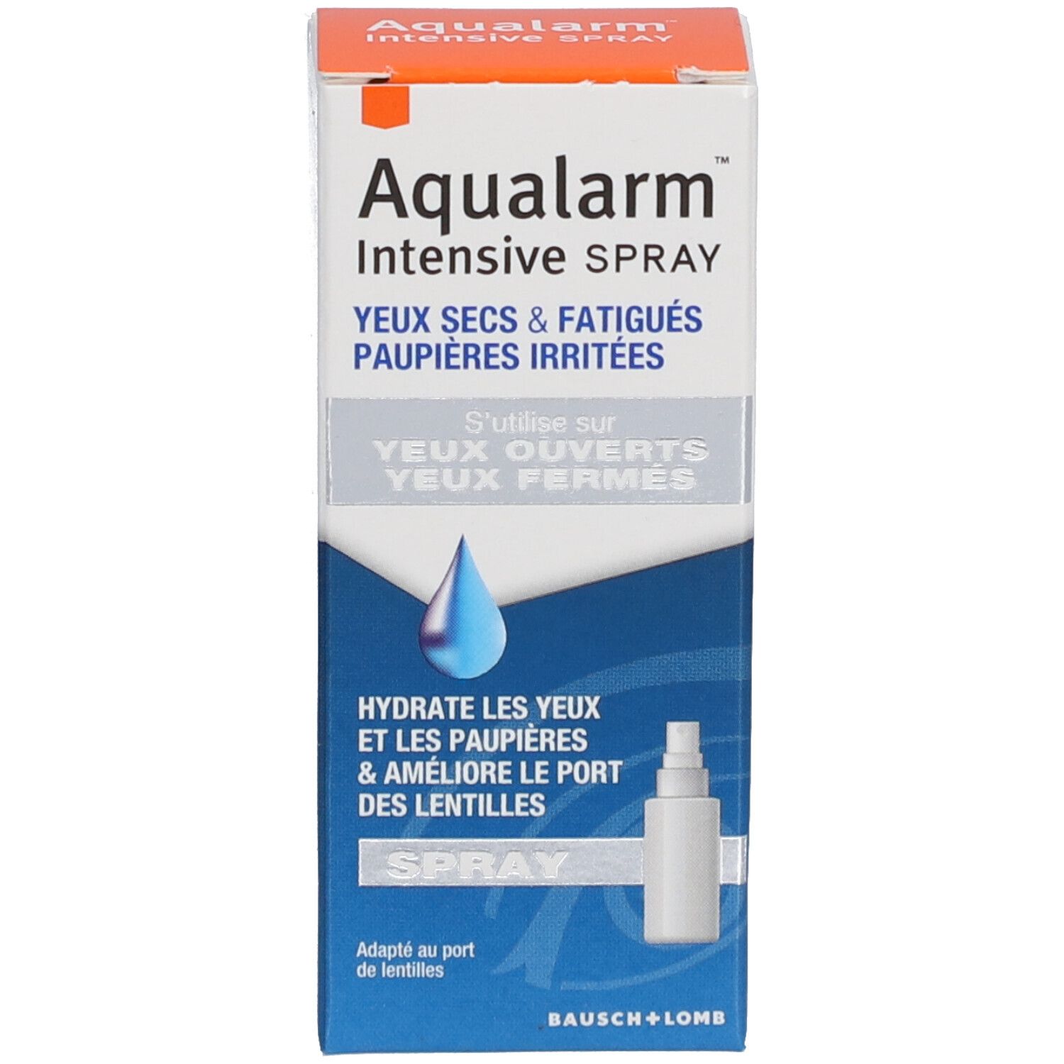 Productverpakking. Opschriften: Aqualarm Intensive Spray, droge ogen, verbetert het dragen van contactlenzen.