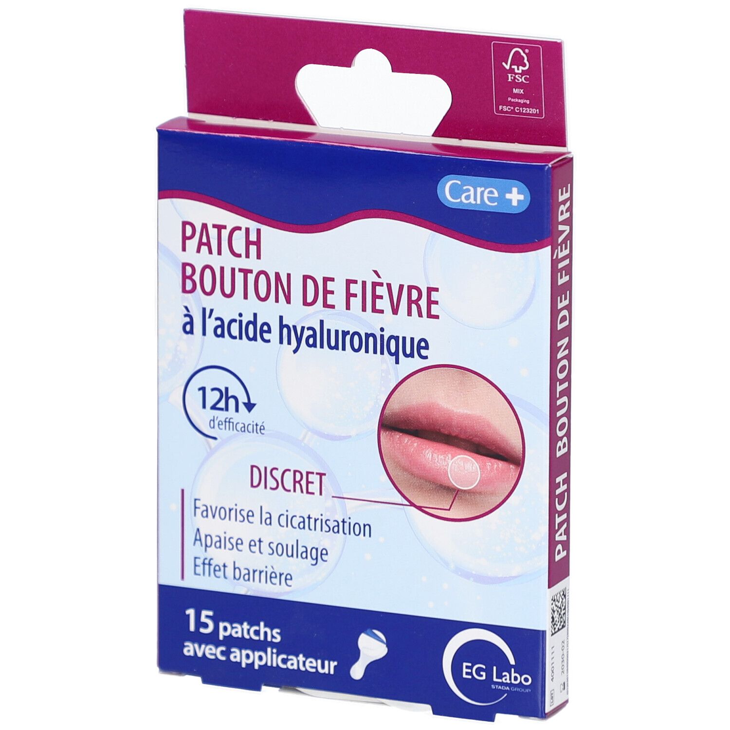 Boîte de patches pour boutons de fièvre. Contient 15 patches et un applicateur. Marque: EG Labo. Certification FSC.