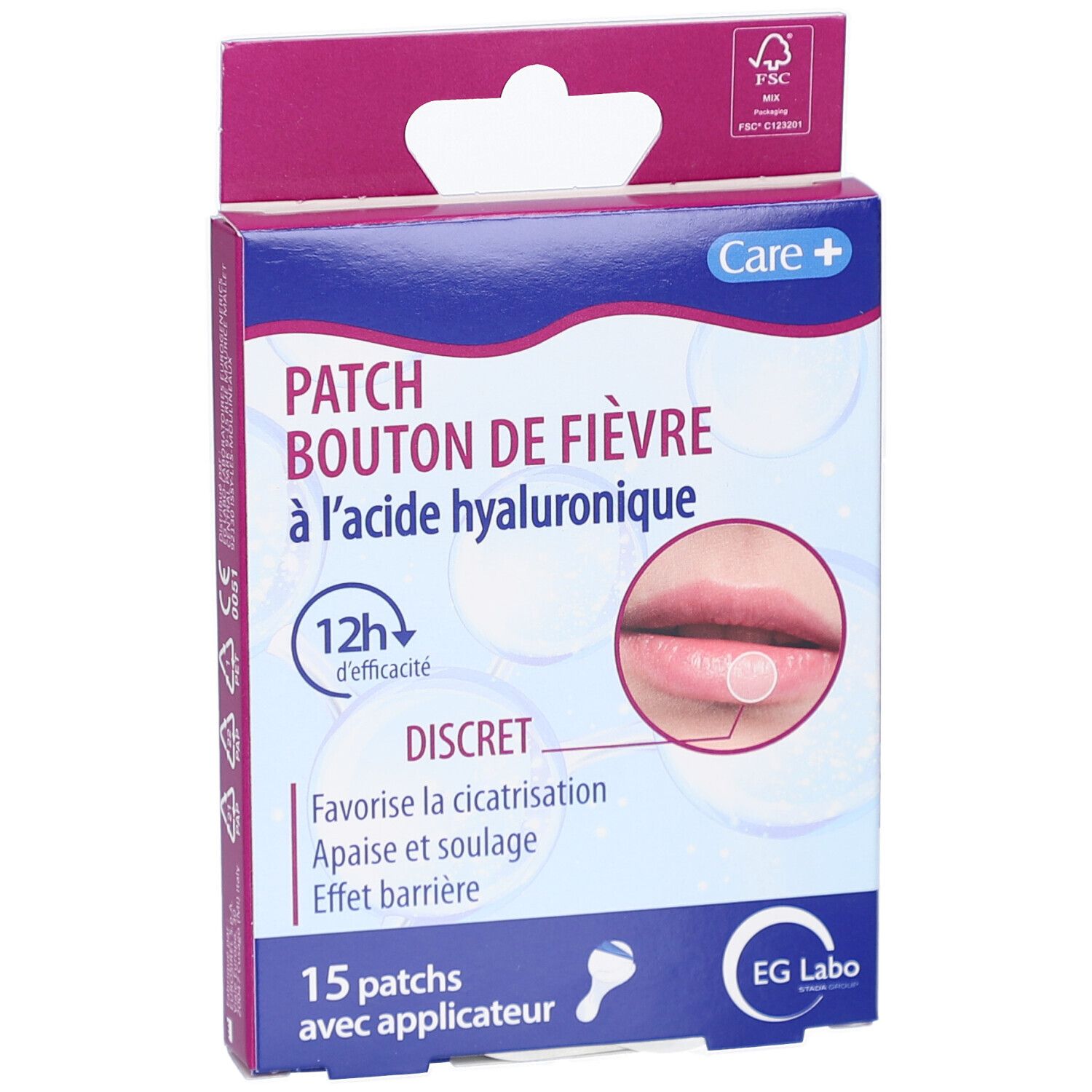 Boîte de patches pour boutons de fièvre. Contient 15 patches et un applicateur. Marque: EG Labo. Efficacité 12h.