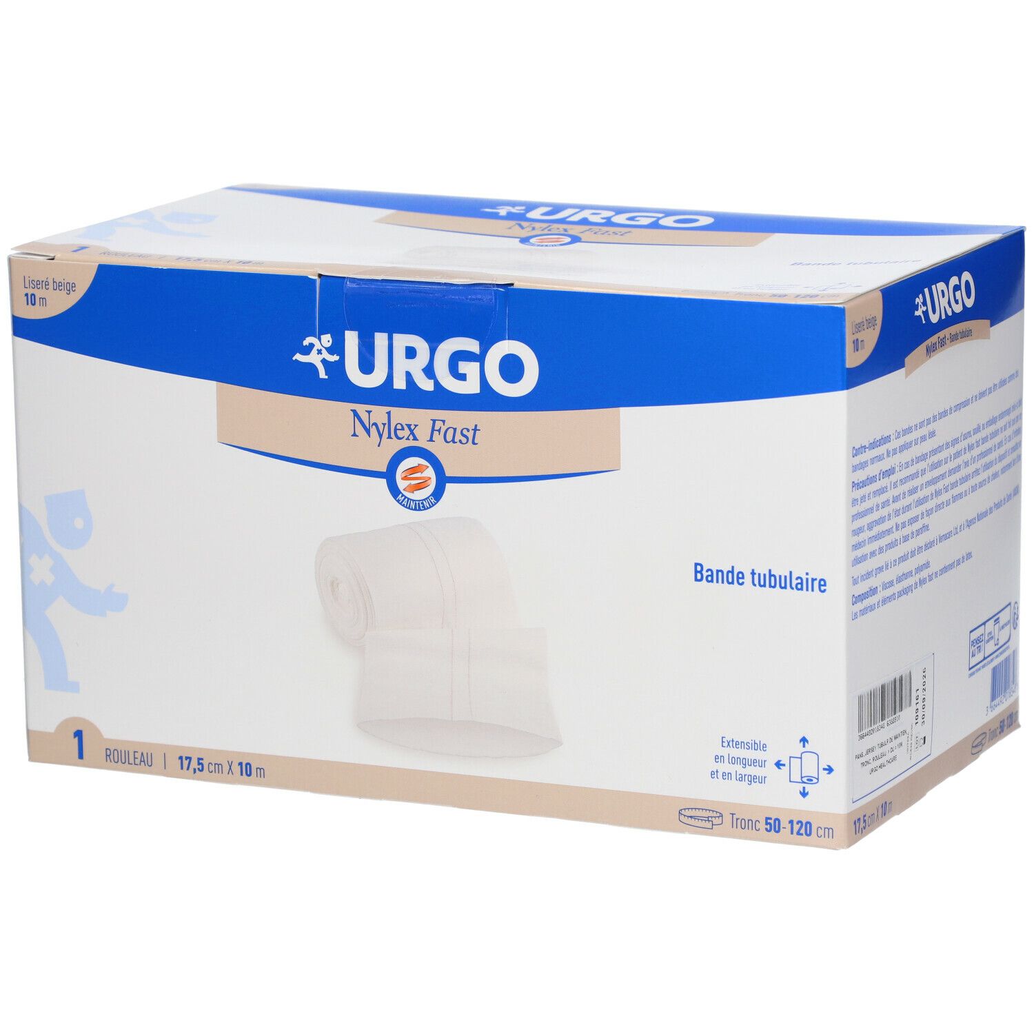 Boîte de bandage Urgo Nylex Fast. Beige, 17,5 cm x 10 m. Contient un rouleau. Marque Urgo, nom Nylex Fast.