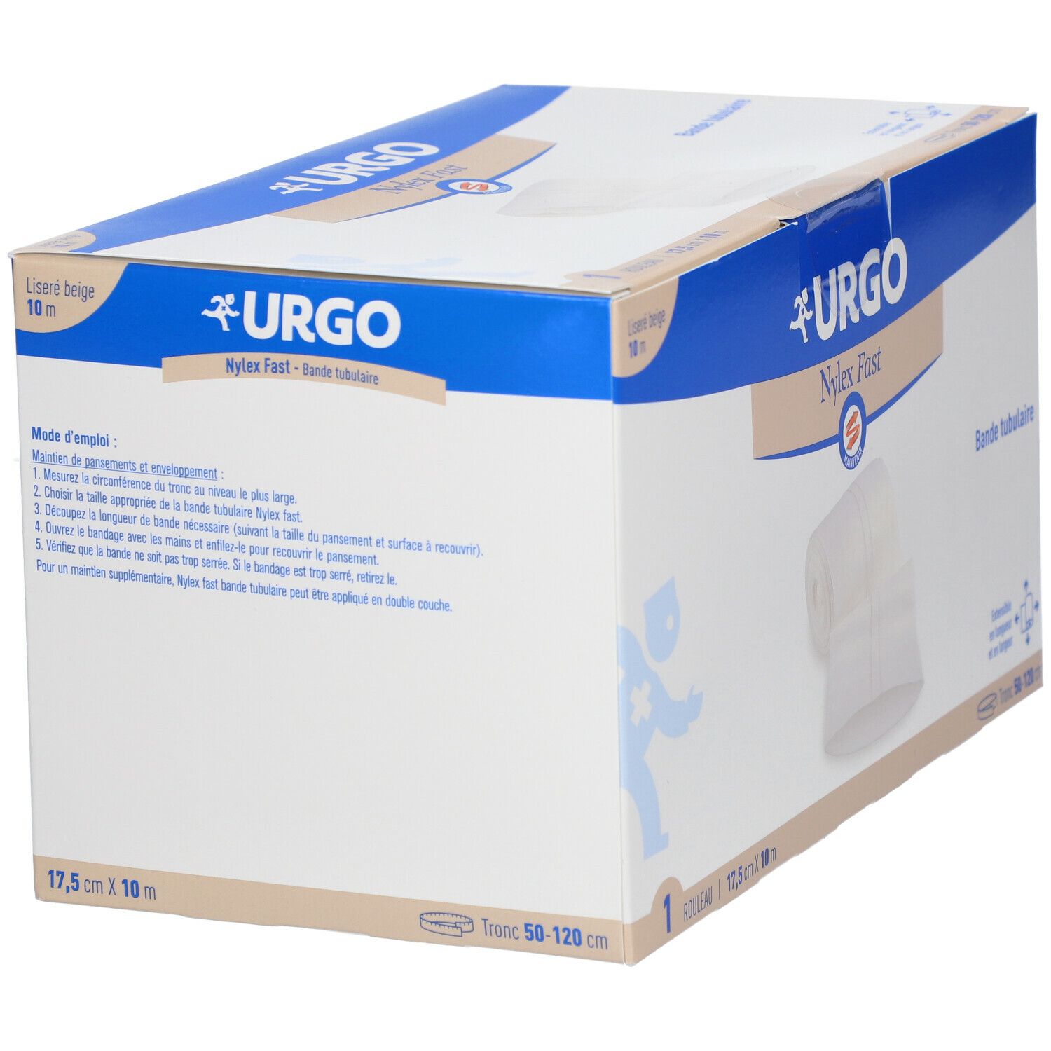 Boîte de bandage Urgo Nylex Fast. Beige, 17,5 cm x 10 m. Contient un rouleau. Marque Urgo, nom Nylex Fast. Mode d'emploi.
