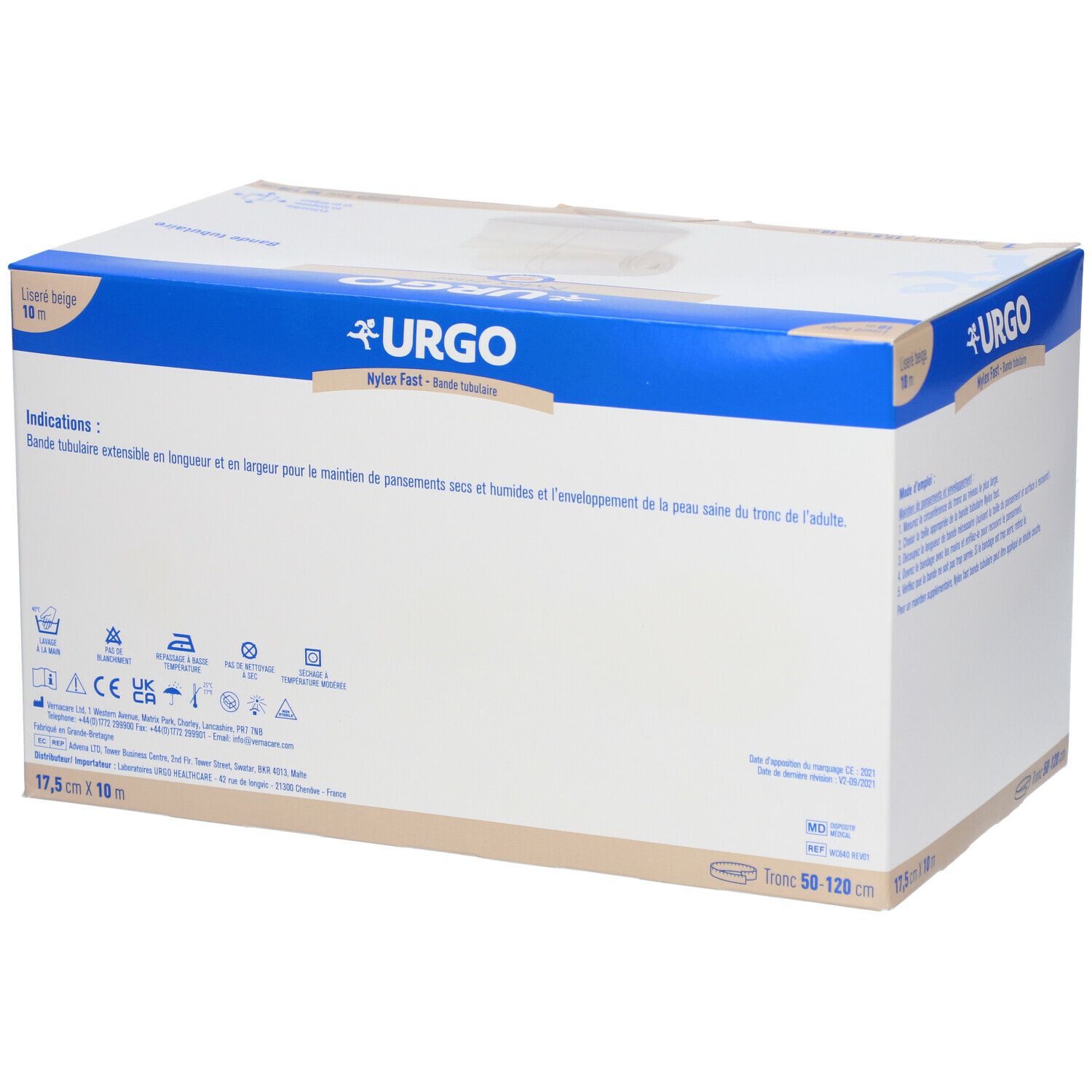 Boîte de bandage Urgo Nylex Fast. Beige, 17,5 cm x 10 m. Contient un rouleau. Marque Urgo, nom Nylex Fast. Indications.