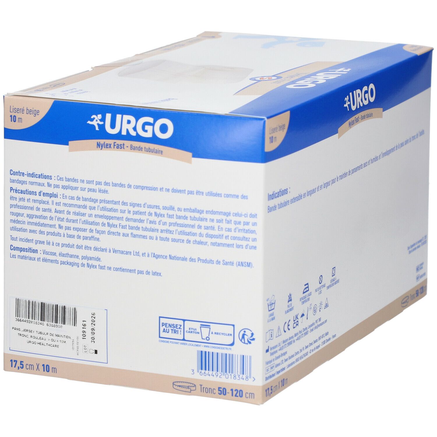 Boîte de bandage Urgo Nylex Fast. Beige, 17,5 cm x 10 m. Contient un rouleau. Marque Urgo, nom Nylex Fast. Précautions.