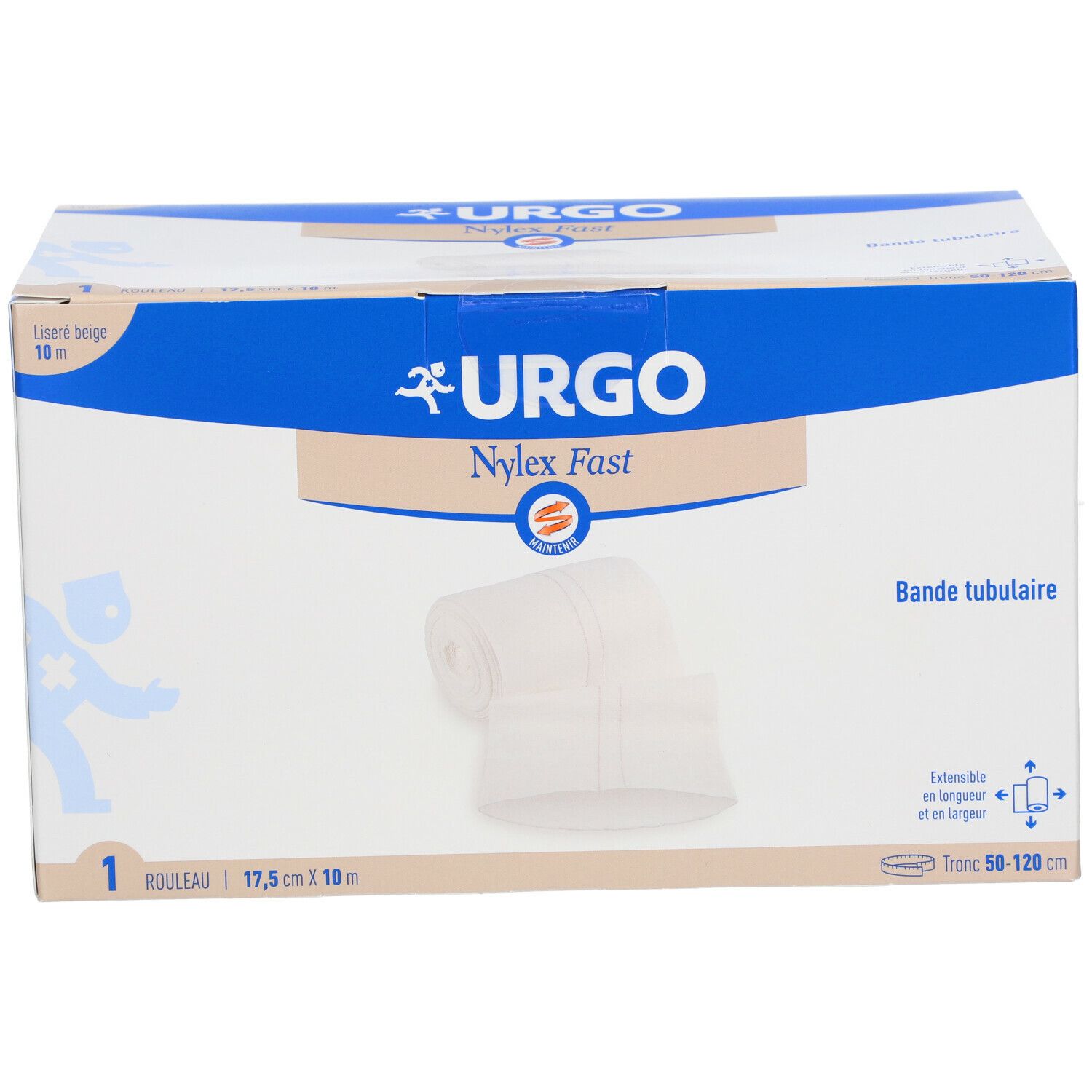 Boîte de bandage Urgo Nylex Fast. Beige, 17,5 cm x 10 m. Contient un rouleau. Marque Urgo, nom Nylex Fast.