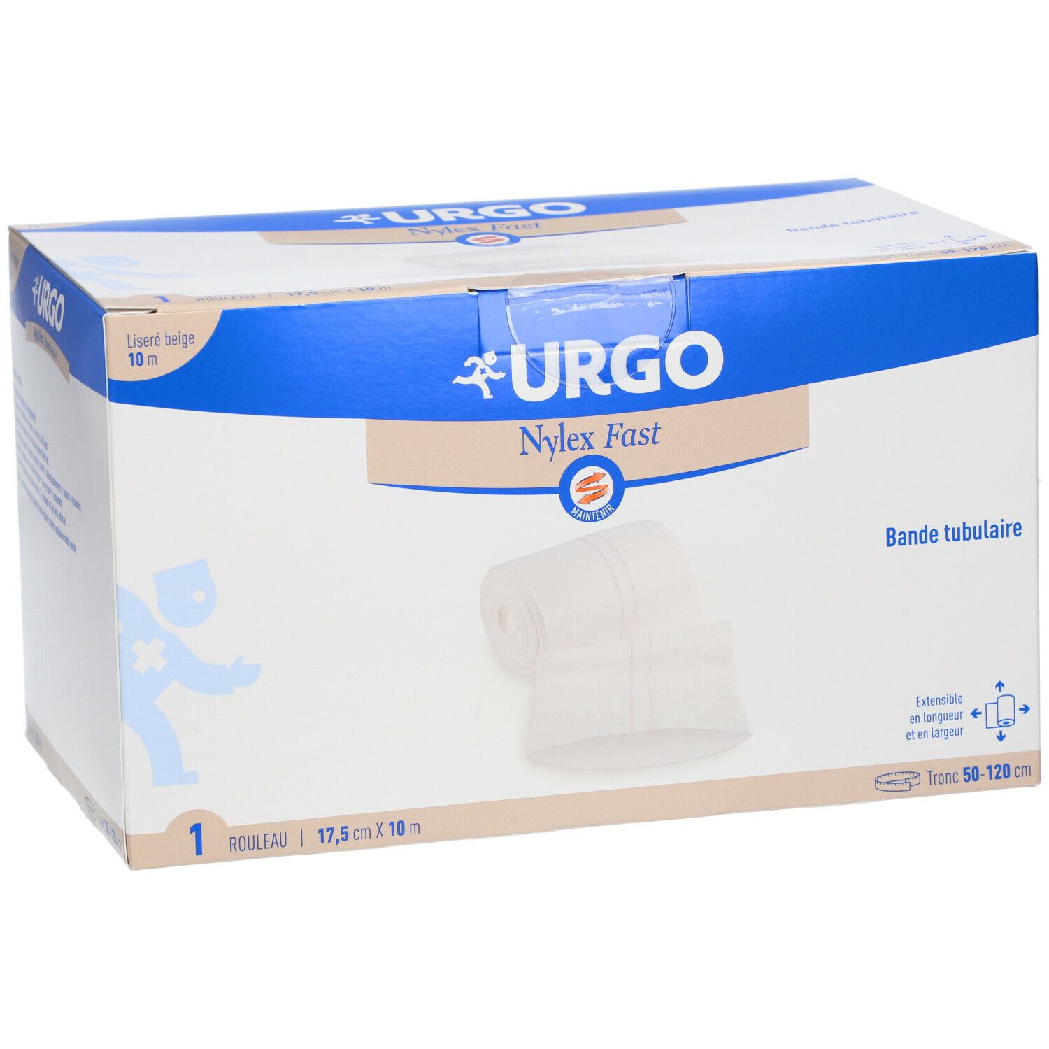 Boîte de bandage Urgo Nylex Fast. Beige, 17,5 cm x 10 m. Contient un rouleau. Marque Urgo, nom Nylex Fast.