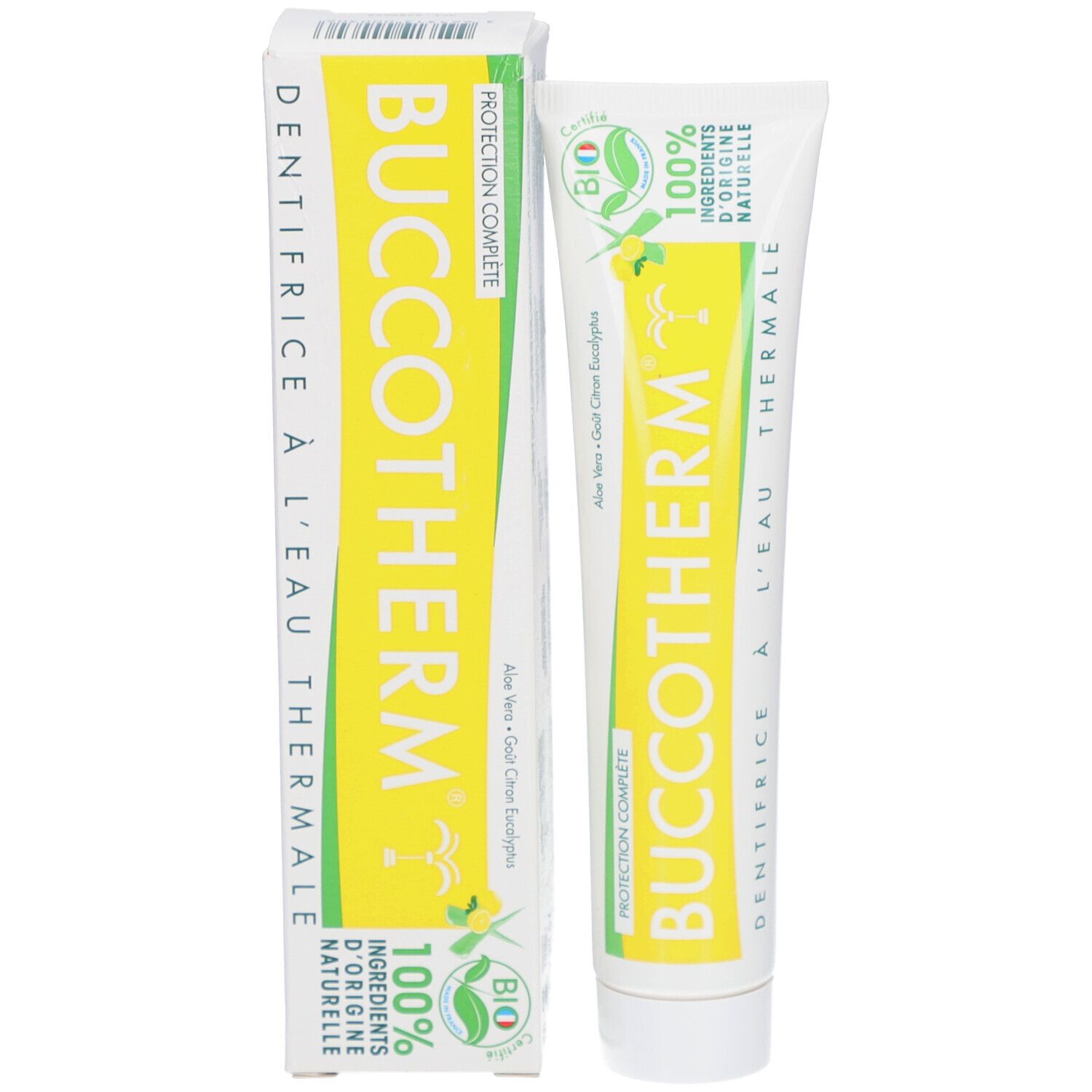 Tube de dentifrice et boîte. Tube blanc avec bande jaune, boîte blanche avec champ jaune. Les deux avec texte et logo.