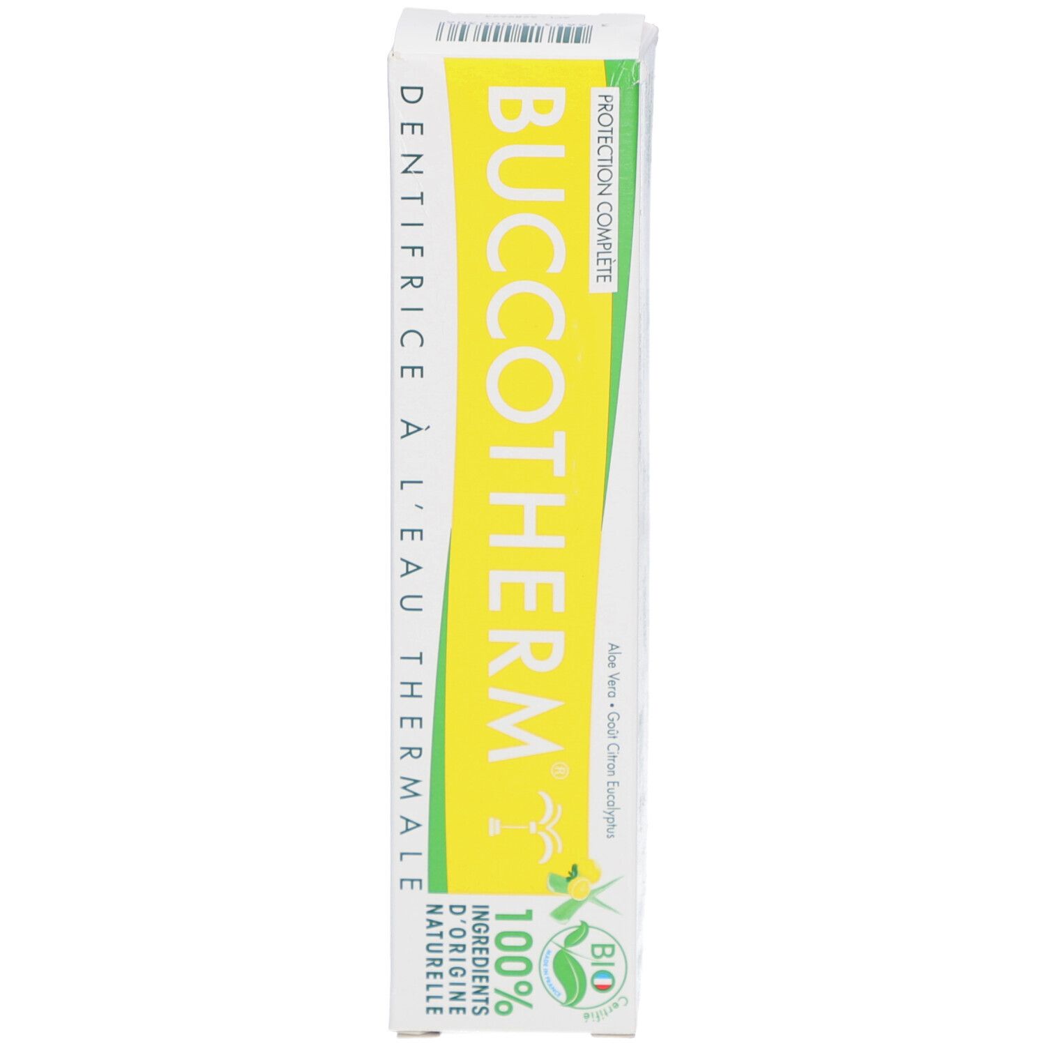 Boîte, blanche avec champ jaune. Inscription: BUCCOTHERM, Dentifrice à l'Eau Thermale, label Bio. Texte vert.