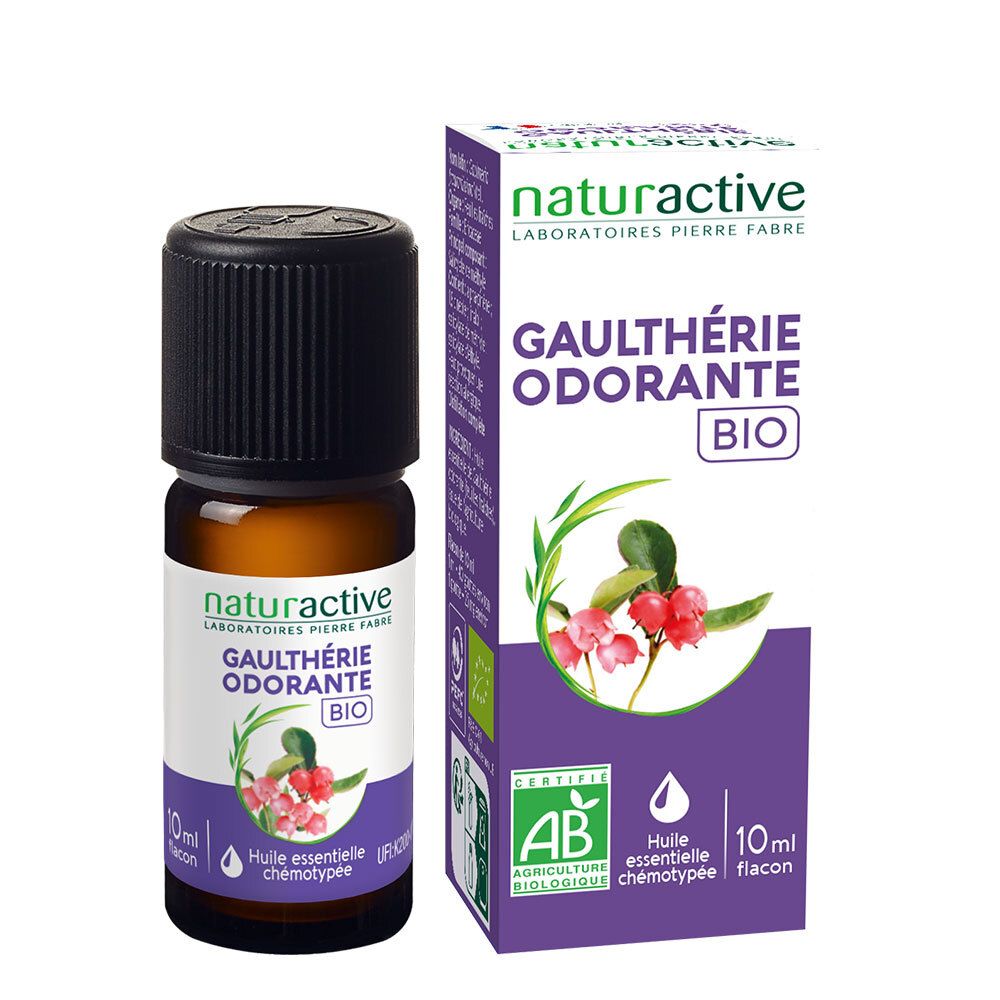 Bruine fles en doos met Gaulthérie Odorante BIO. Opschrift: Huile essentielle chémotypée. AB-certificering. Inhoud: 10 ml.