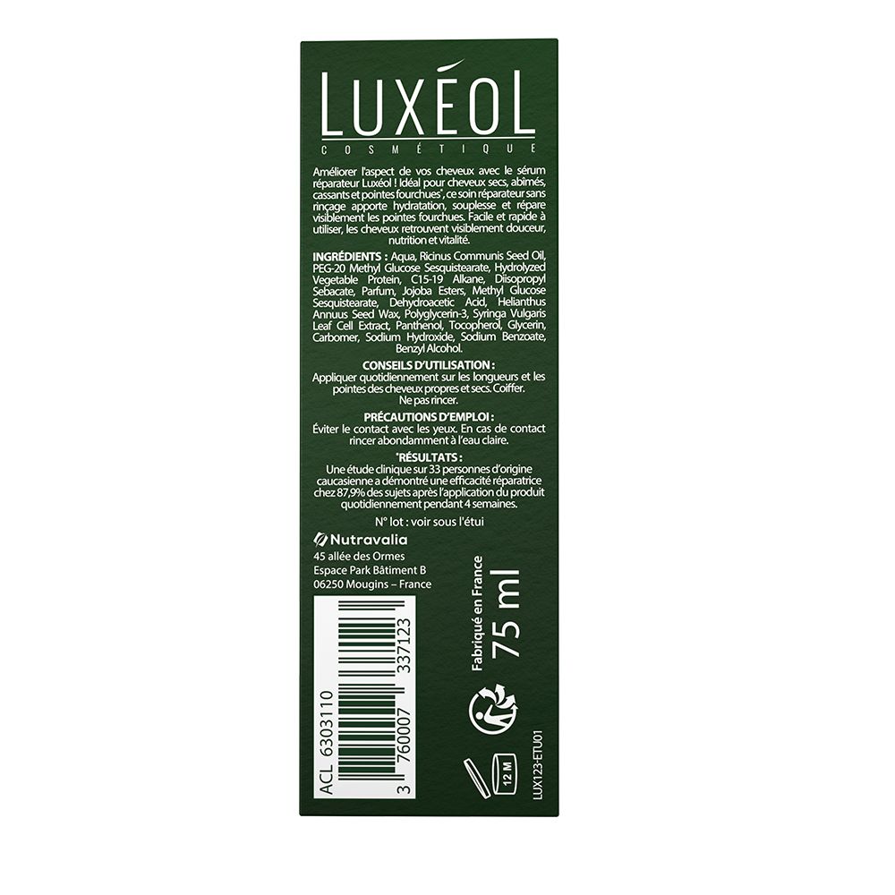 Arrière de la boîte LUXÉOL Sérum Réparateur avec ingrédients et volume (75 ml).