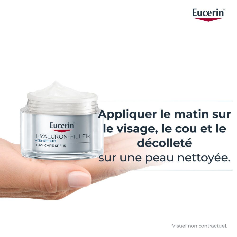 Hand houdt pot vast. Tekst: Appliquer le matin sur le visage, le cou et le décolleté sur une peau nettoyée.