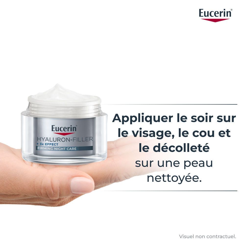 Hand houdt crèmepot vast. Tekst: 's Avonds aanbrengen op gezicht, hals en decolleté. Eucerin Hyaluron-Filler + 3x Effect.