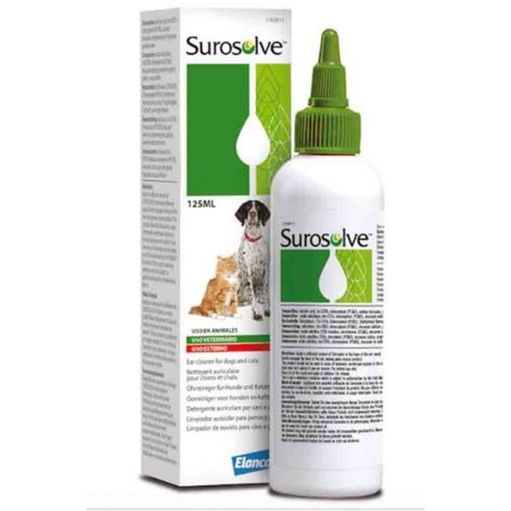Flacon avec bouchon vert et boîte. Surosolve est écrit sur le flacon. Un chien et un chat sont représentés sur la boîte.